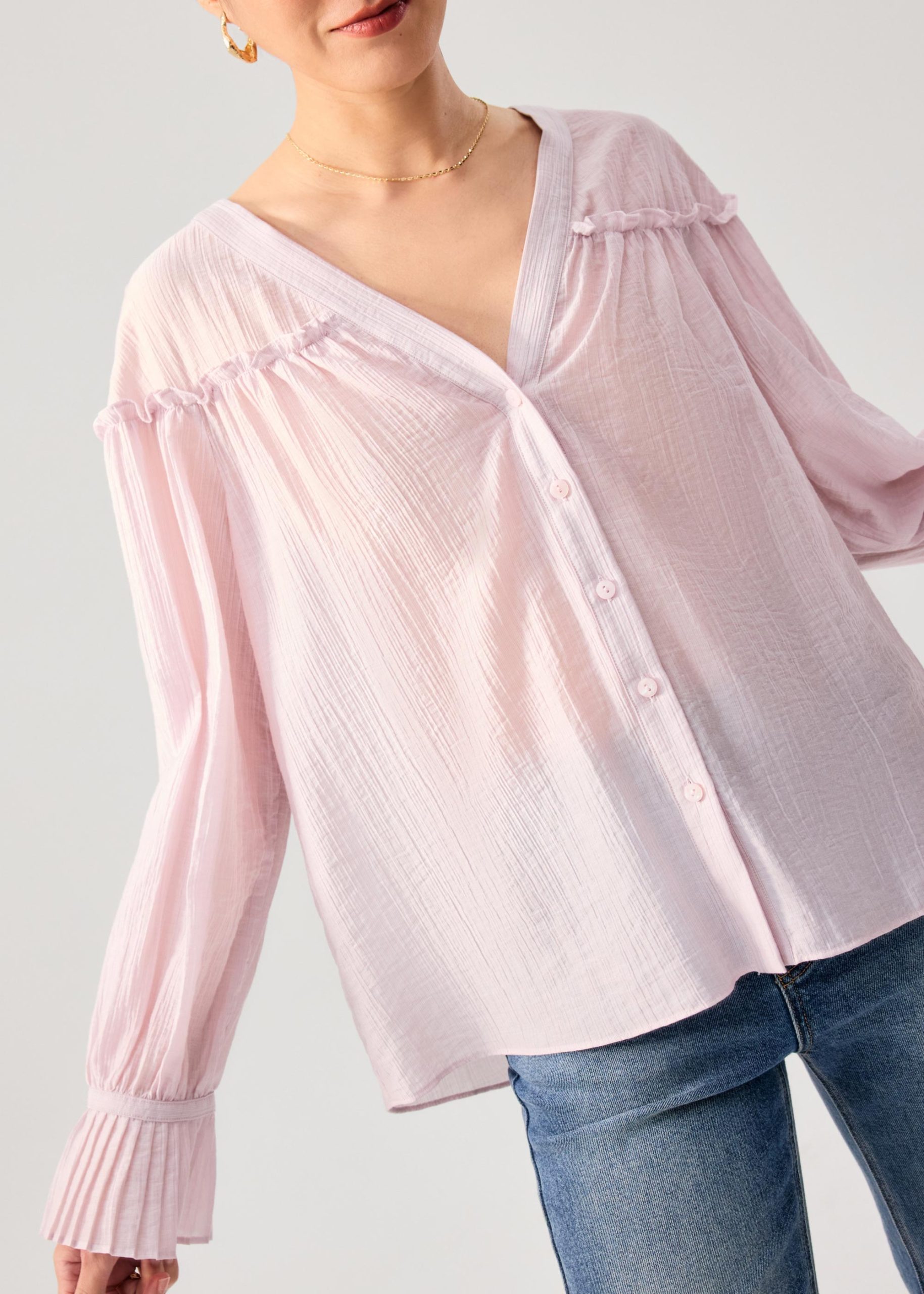 Relaxed Ruffle Trim Lyocell V-neck Long Blouse - Image 12