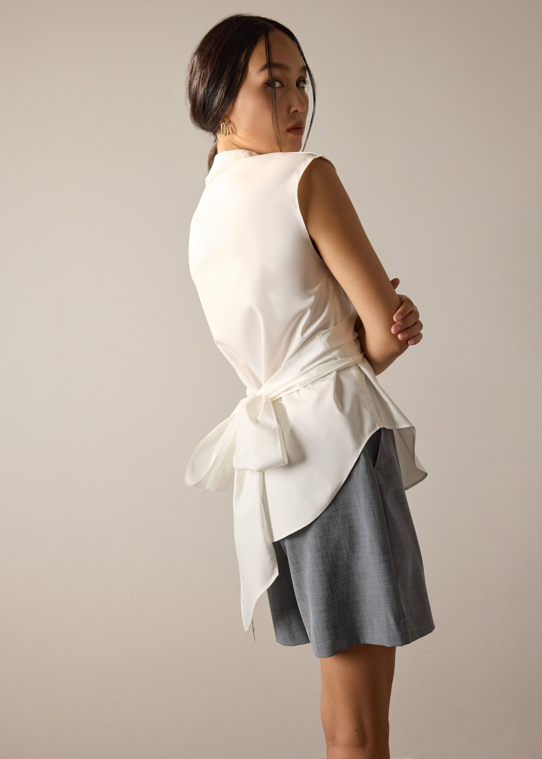 Ziyi Poplin Front Wrap Mandarin Collar Shirt - Image 6