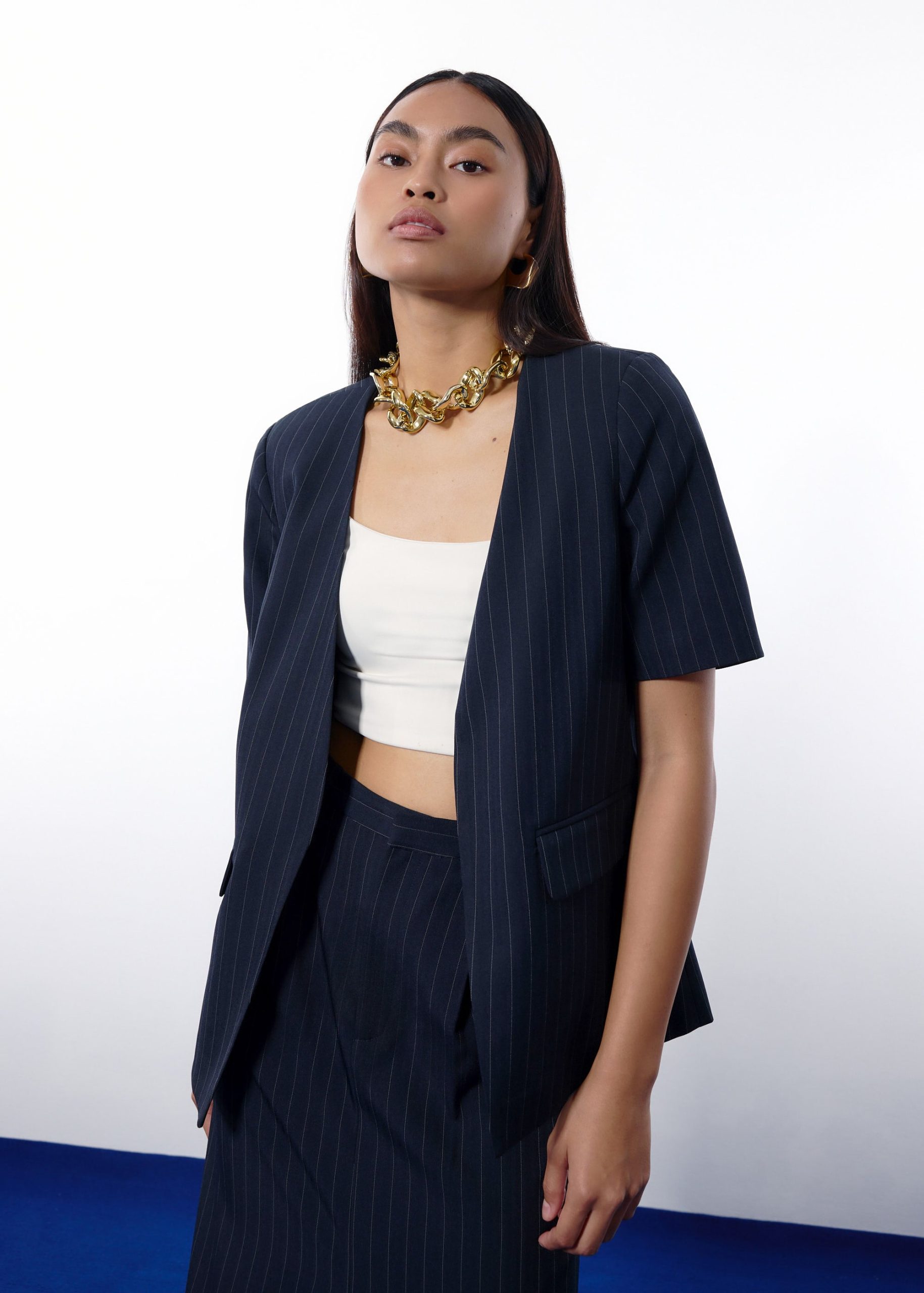 Dylan Pinstripe Collarless Boxy Blazer - Image 7