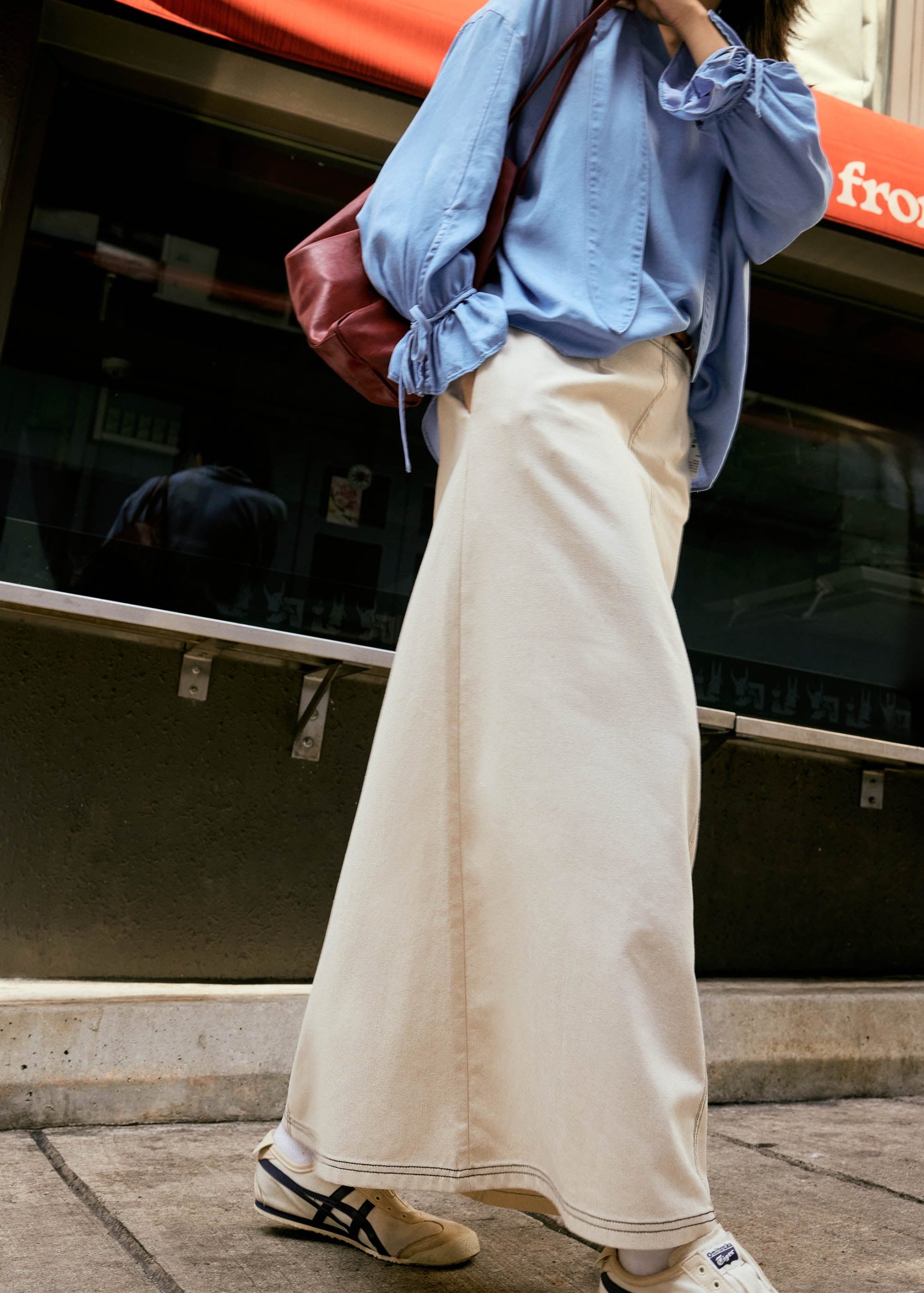 Elastic Contrast Stitch High Waist A-line Maxi Skirt - Image 34