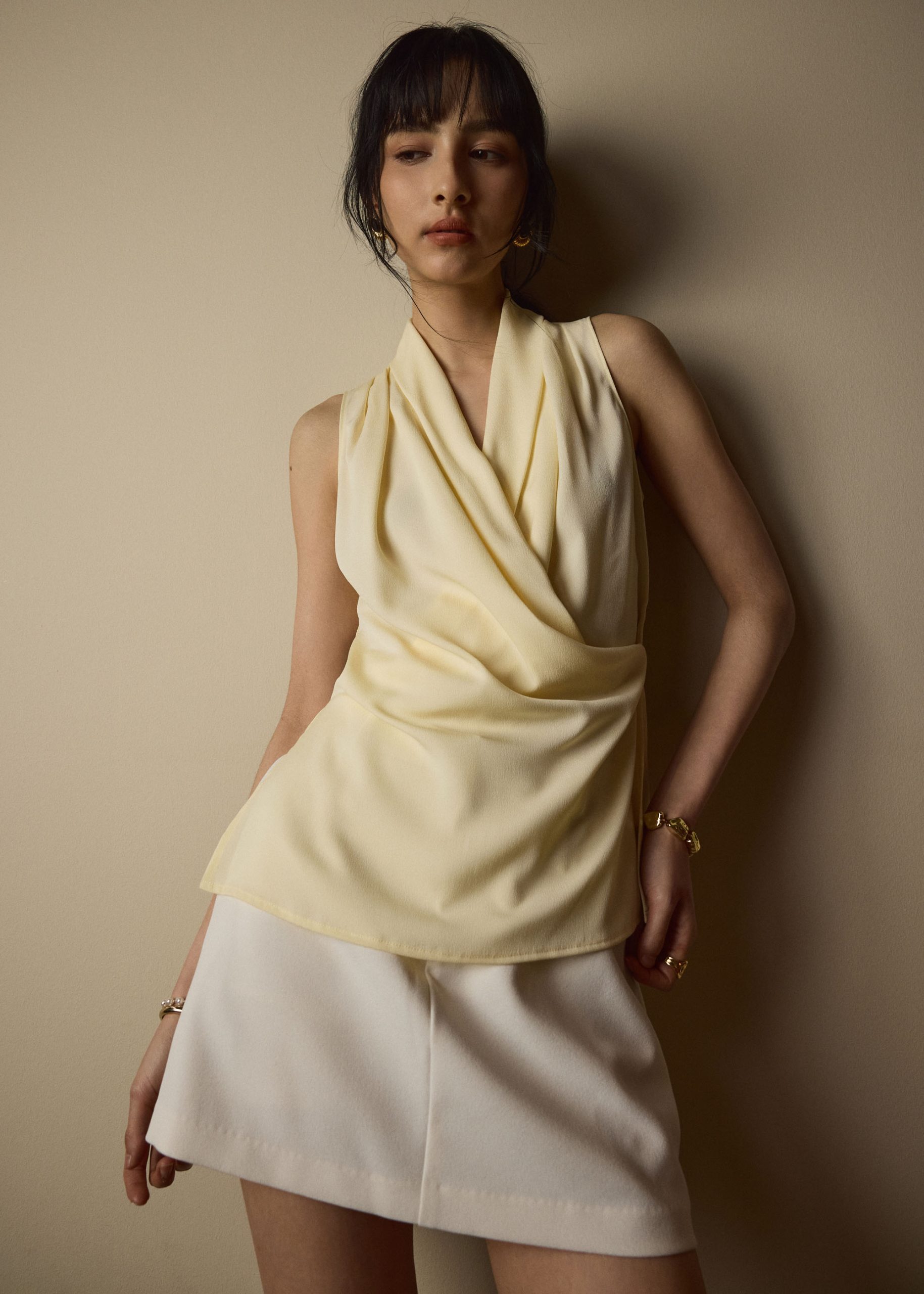 Krystal Crepe Satin Draped V-neck Top