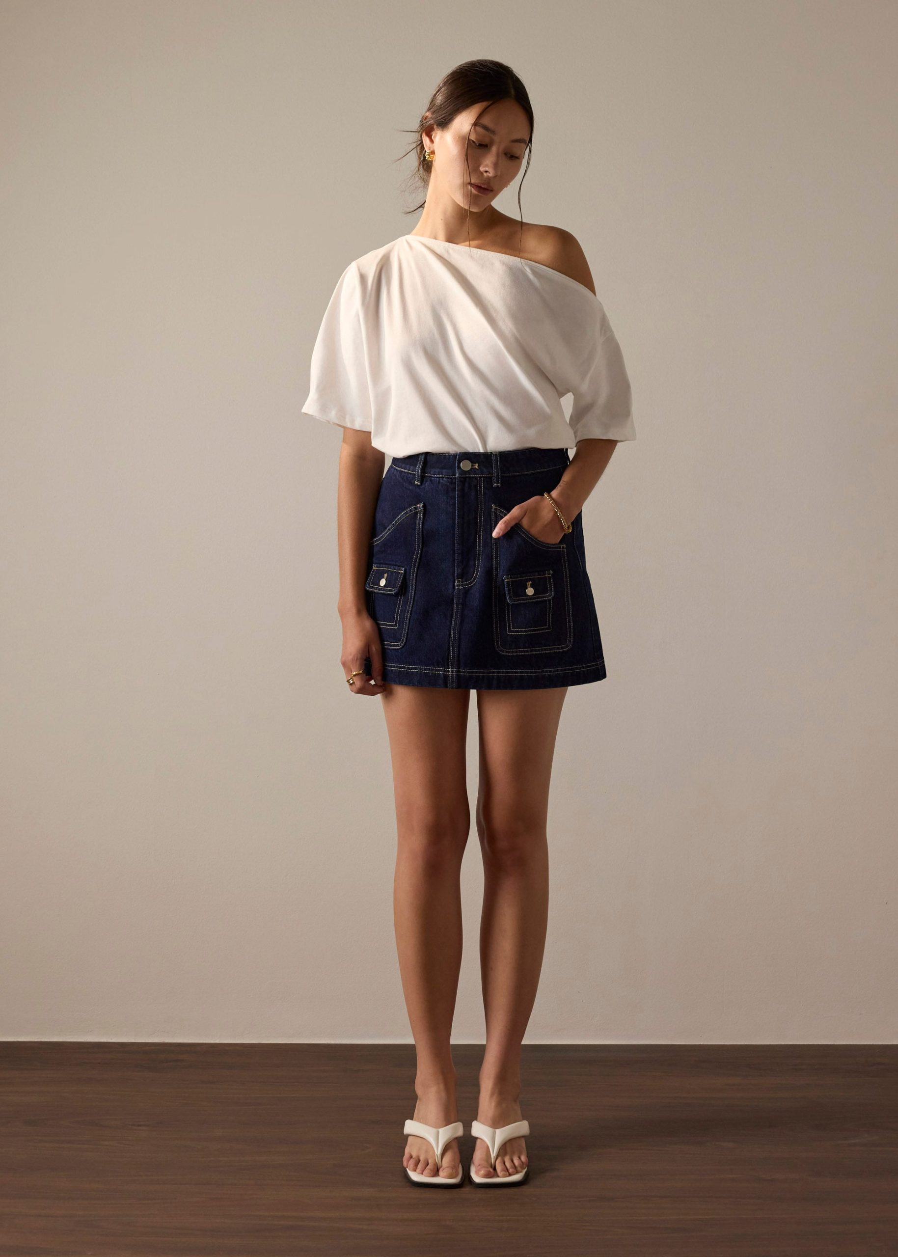 Contrast Stitch Denim A-Line Mini Skirt - Image 5