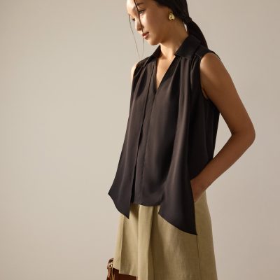 Ariska Detachable Sash Crepe Satin Collared Blouse