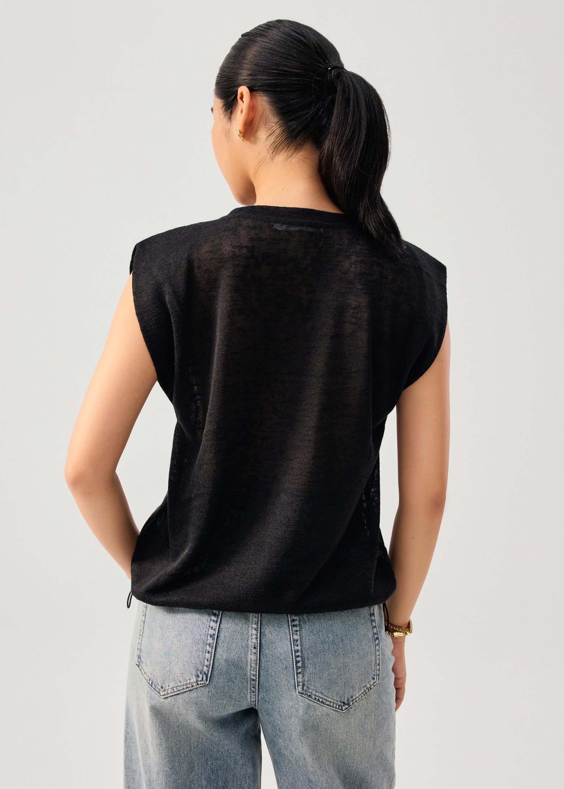 Relaxed Sheer Jersey Toggle Hem Round Neck Shell Top - Image 6