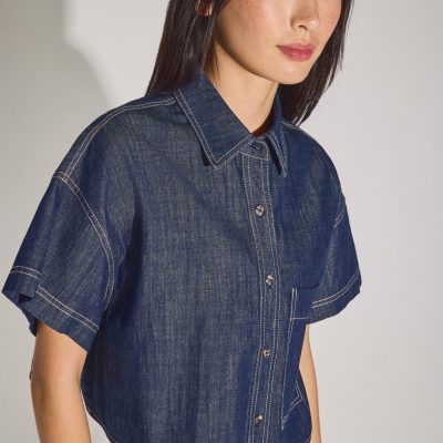 Denim Contrast Stitch Boxy Button Down Shirt