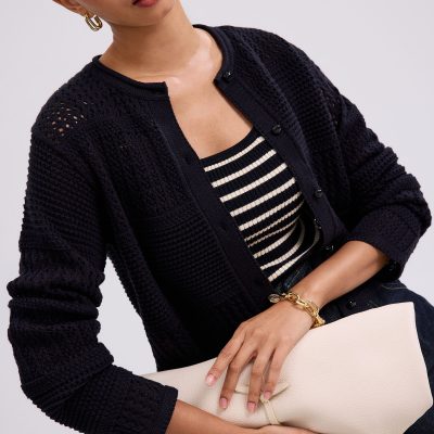 Relaxed Pointelle Knit Round Neck Cardigan