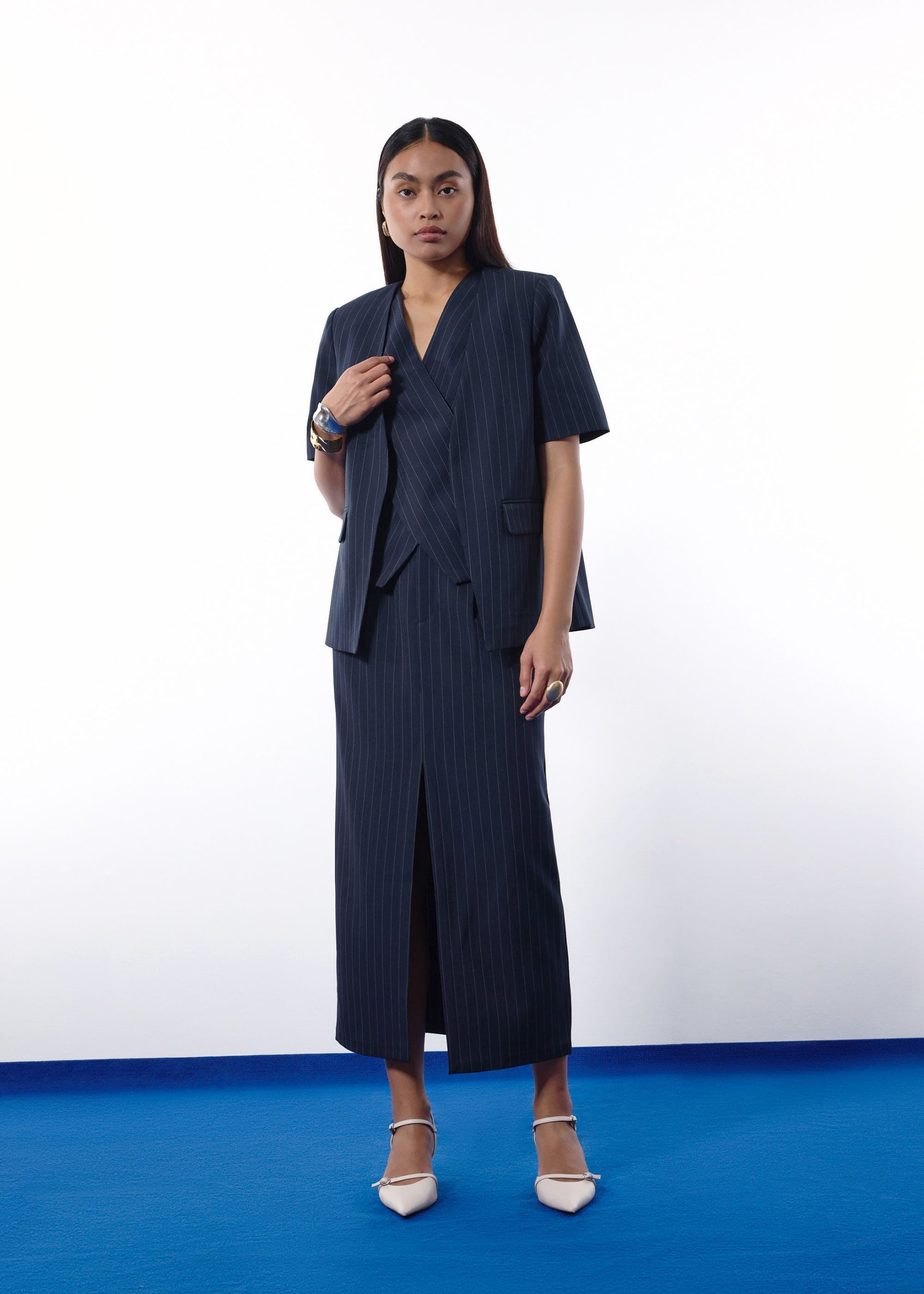 Blake Tailored Pinstripe Front Slit Column Maxi Skirt - Image 10