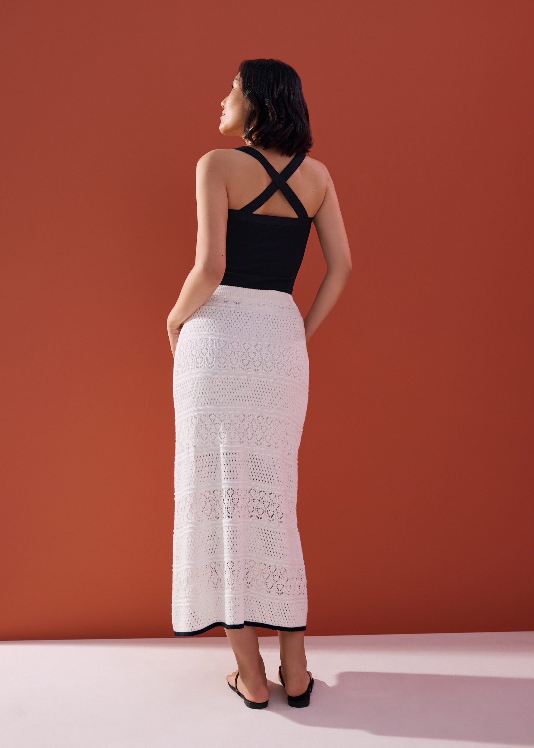 Pointelle Contrast Knit High Waist Column Midaxi Skirt - Image 6