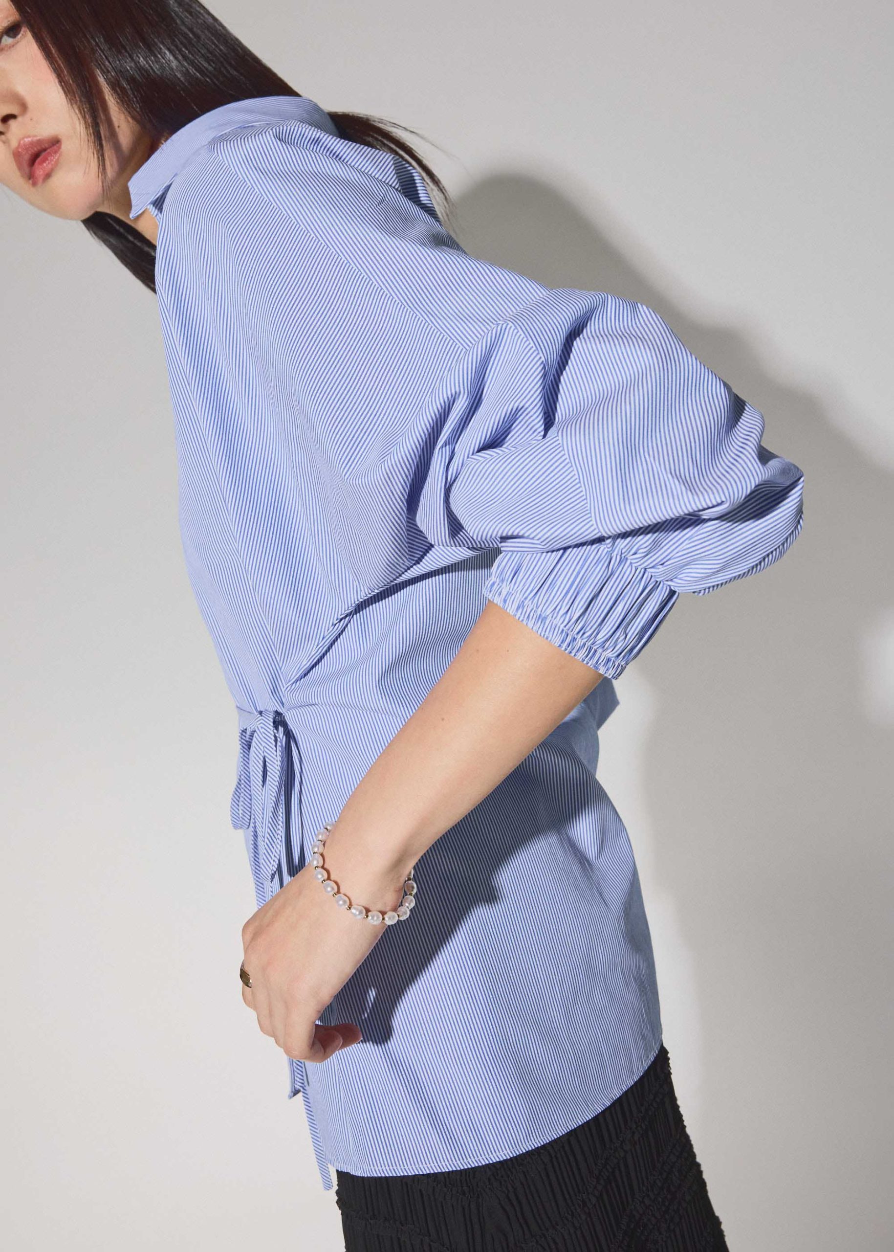 Striped Cotton Collared Puff Sleeve Button Down Top - Image 3