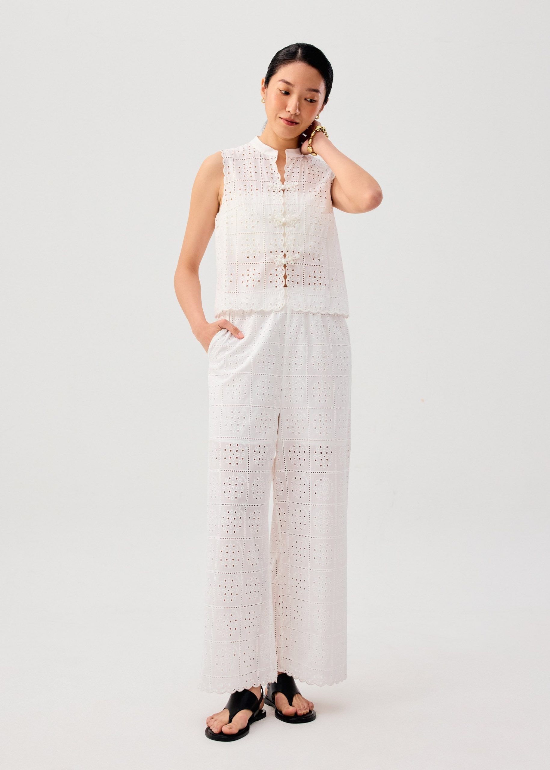 Elastic Cotton Broderie Mid Waist Straight Leg Pants - Image 2