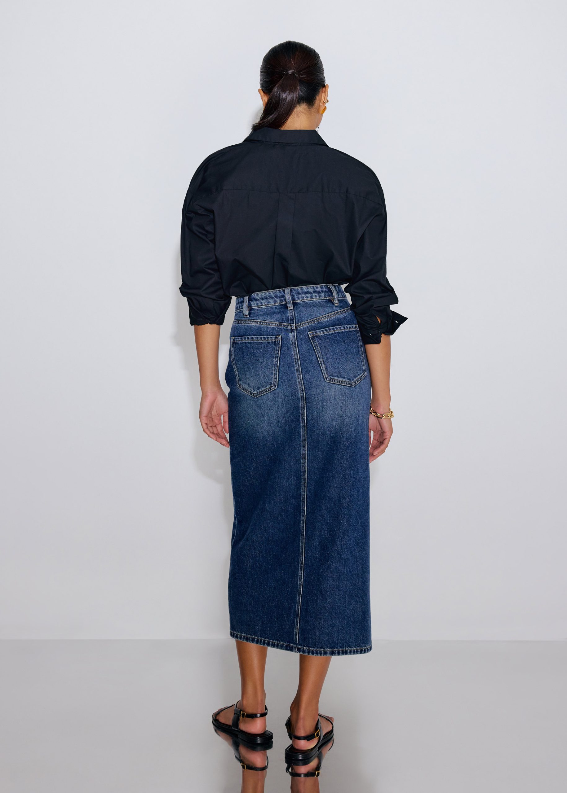 Minsi Denim Front Slit Column Midi Skirt - Image 6