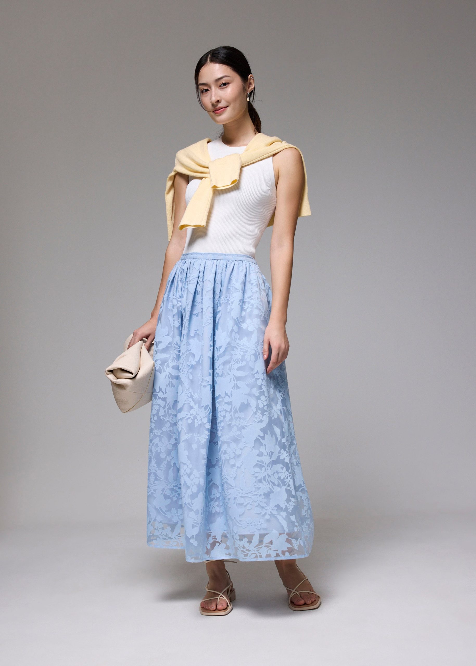 Elastic Jacquard High Waist Flare Maxi Skirt - Image 6