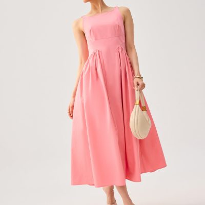 Elastic Strap Cotton Straight Neck Fit & Flare Maxi Dress