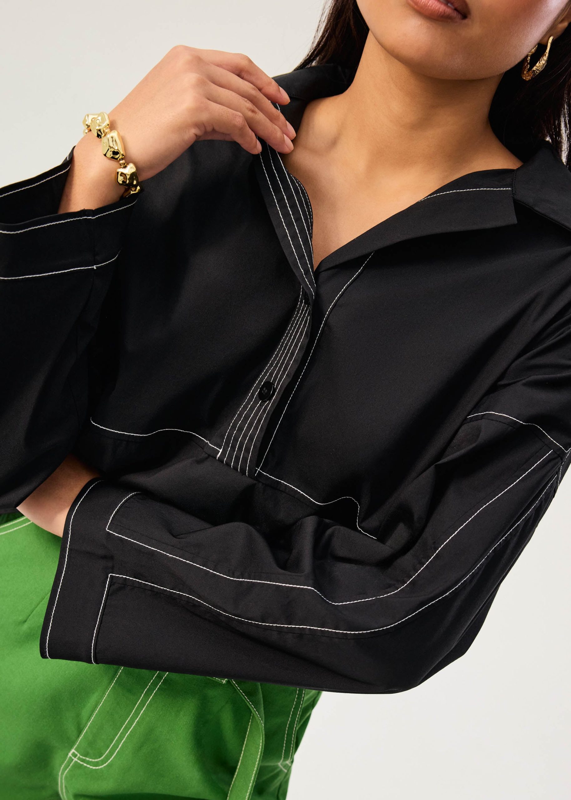 Relaxed Contrast Stitch Cotton Collared Shirt - Image 5