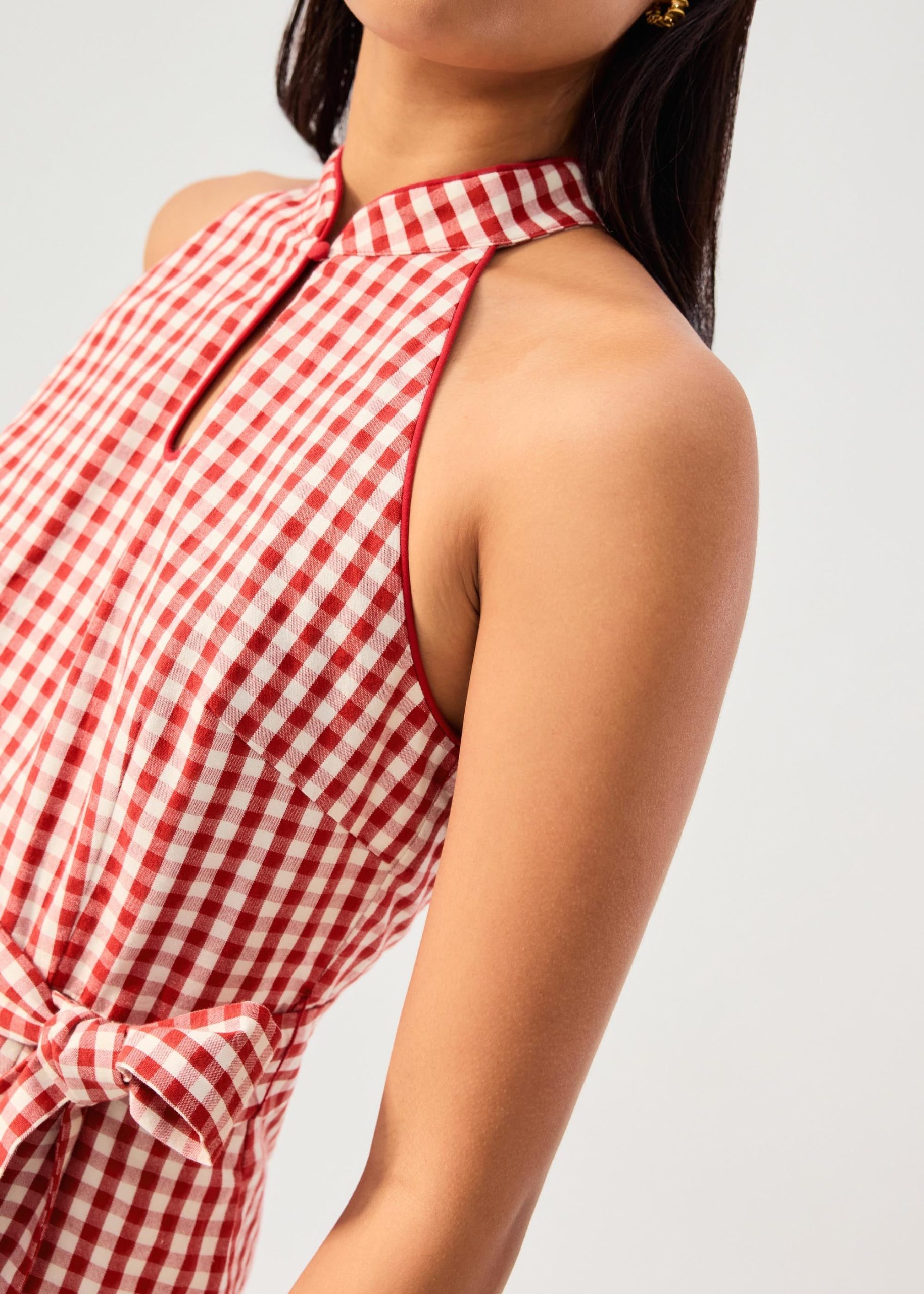 Gingham Cotton Mandarin Collar A-line Romper - Image 5