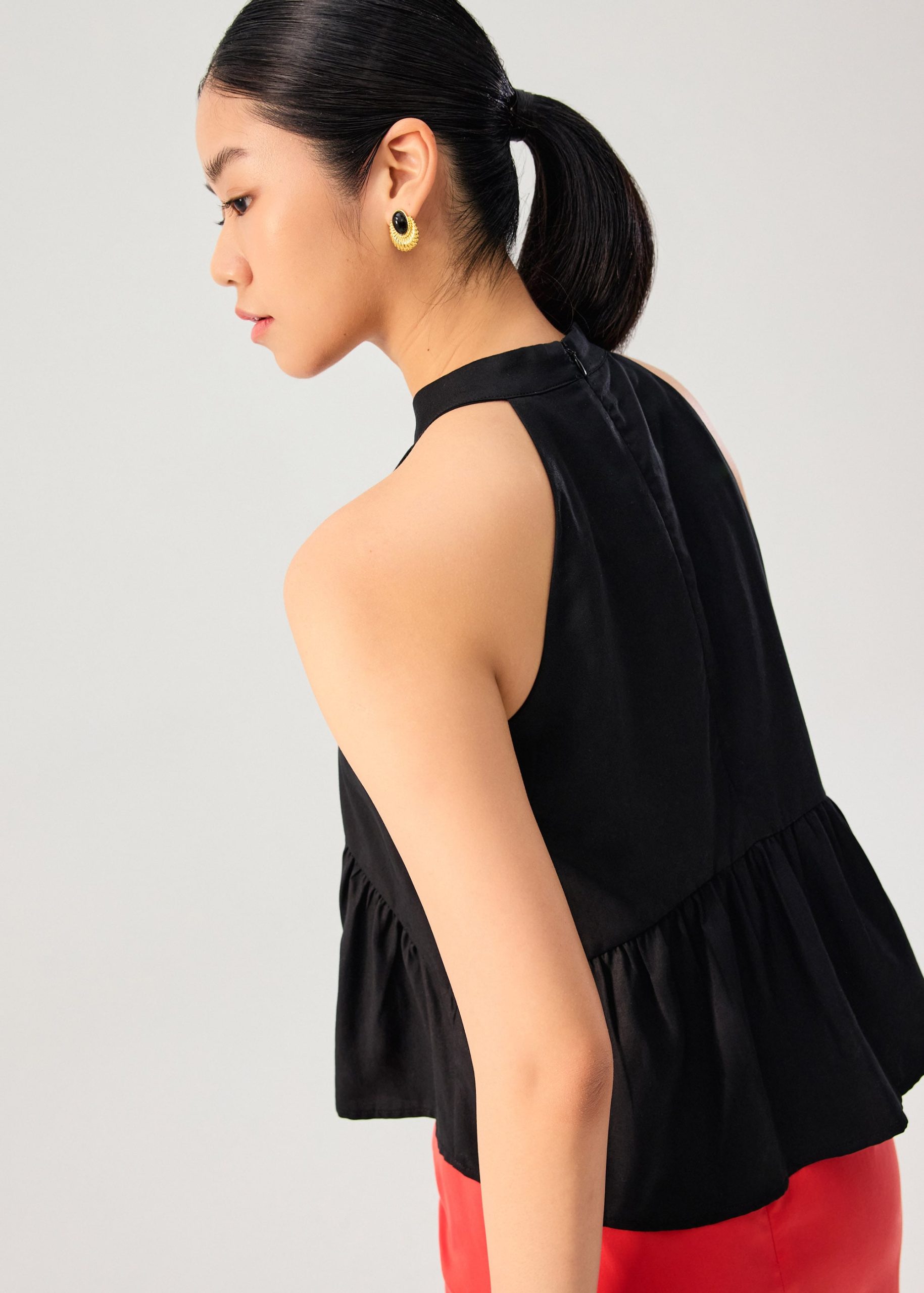 Lyocell Pleated Front Tie Mandarin Collar Peplum Shell Top - Image 2