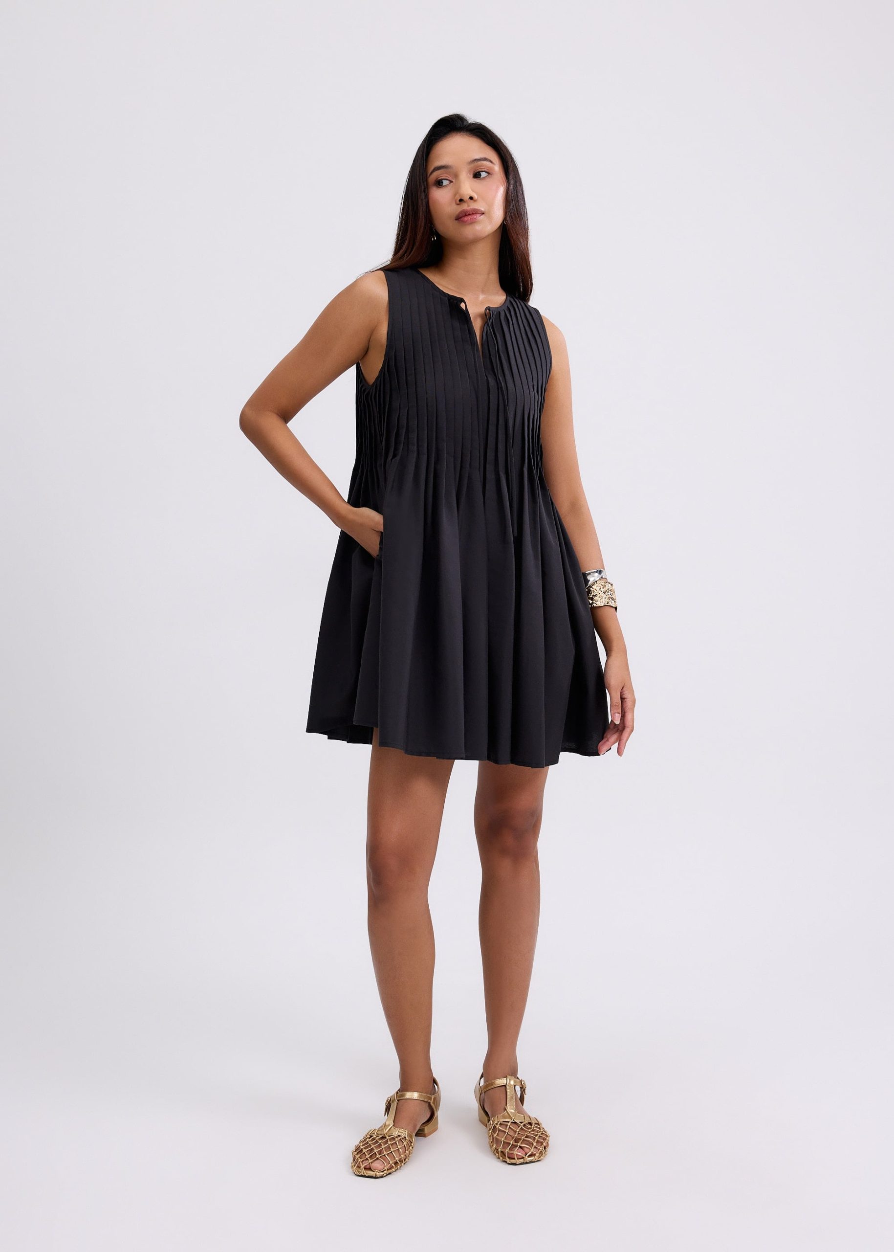 Oxford Pintuck Notched Trapeze Mini Dress - Image 2
