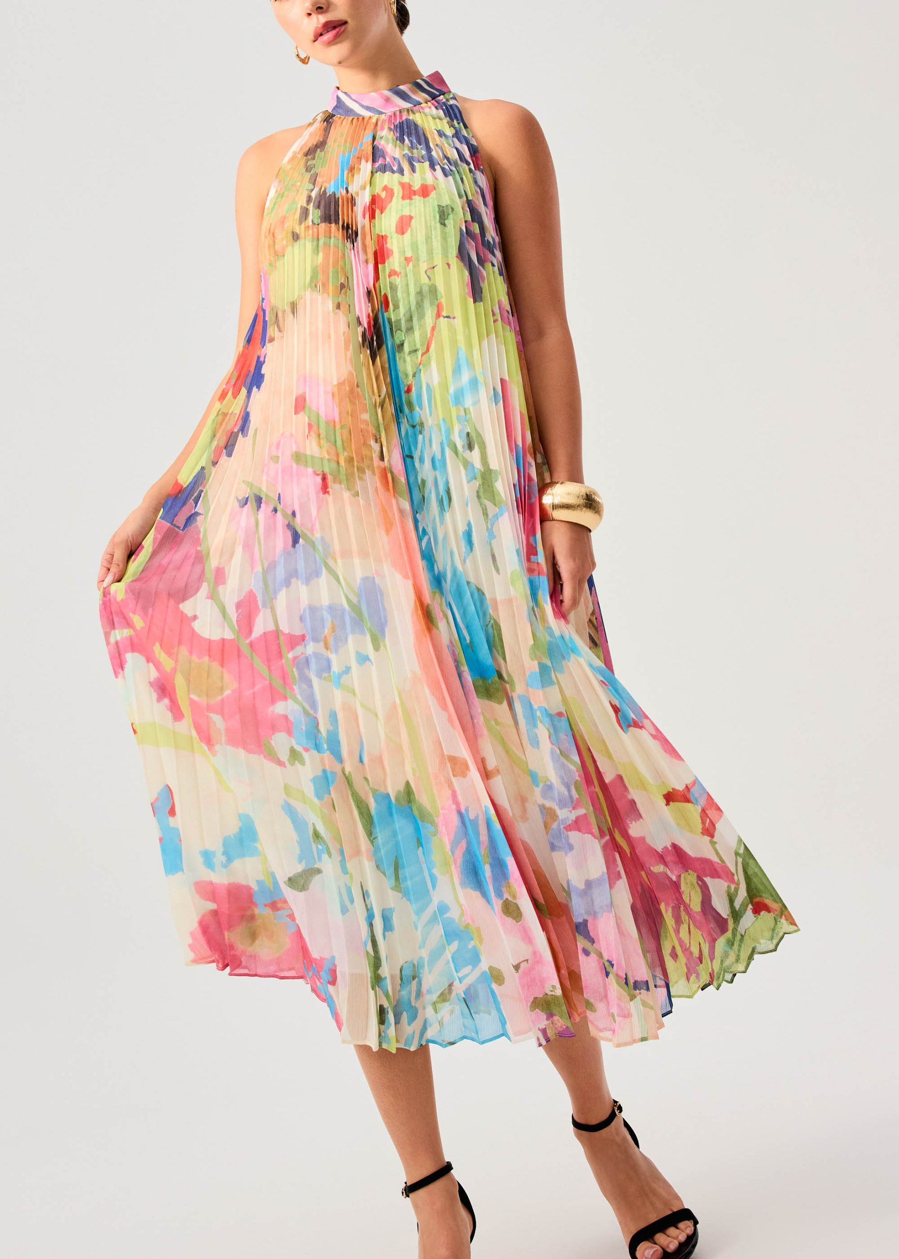 Georgette Pleated Mock Neck Trapeze Midaxi Dress in Vivid Blooms - Image 4