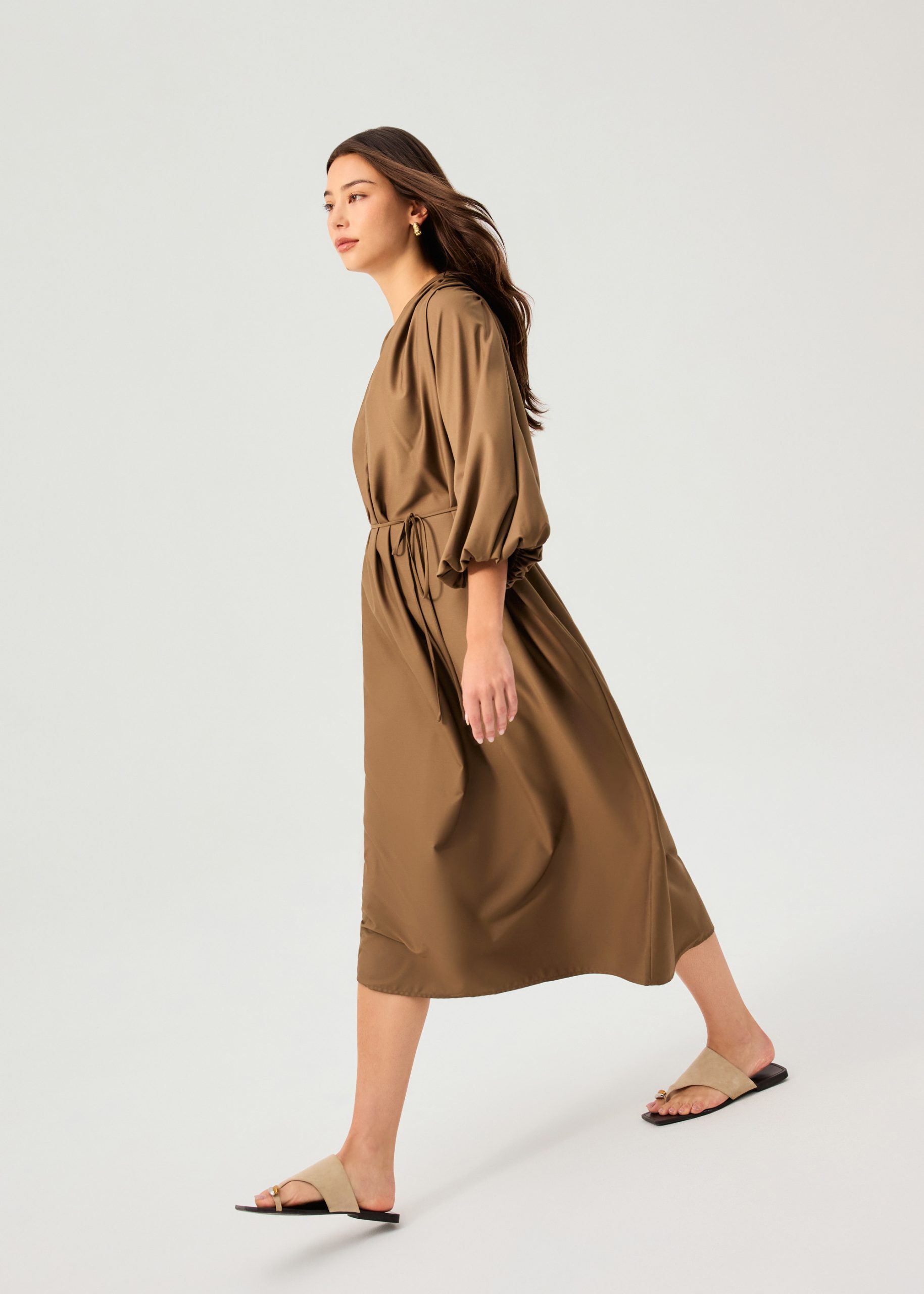 Detachable Sash Tie Puff Sleeve Cocoon Midaxi Dress - Image 13