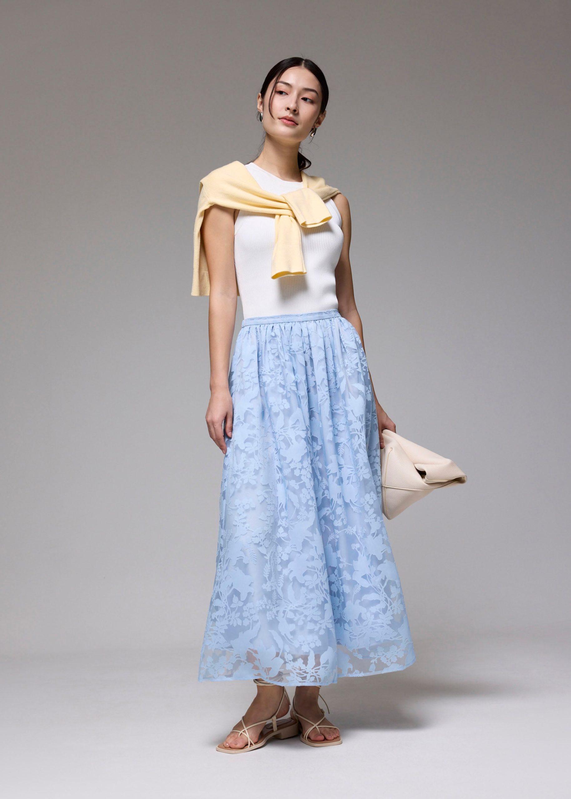 Elastic Jacquard High Waist Flare Maxi Skirt - Image 9