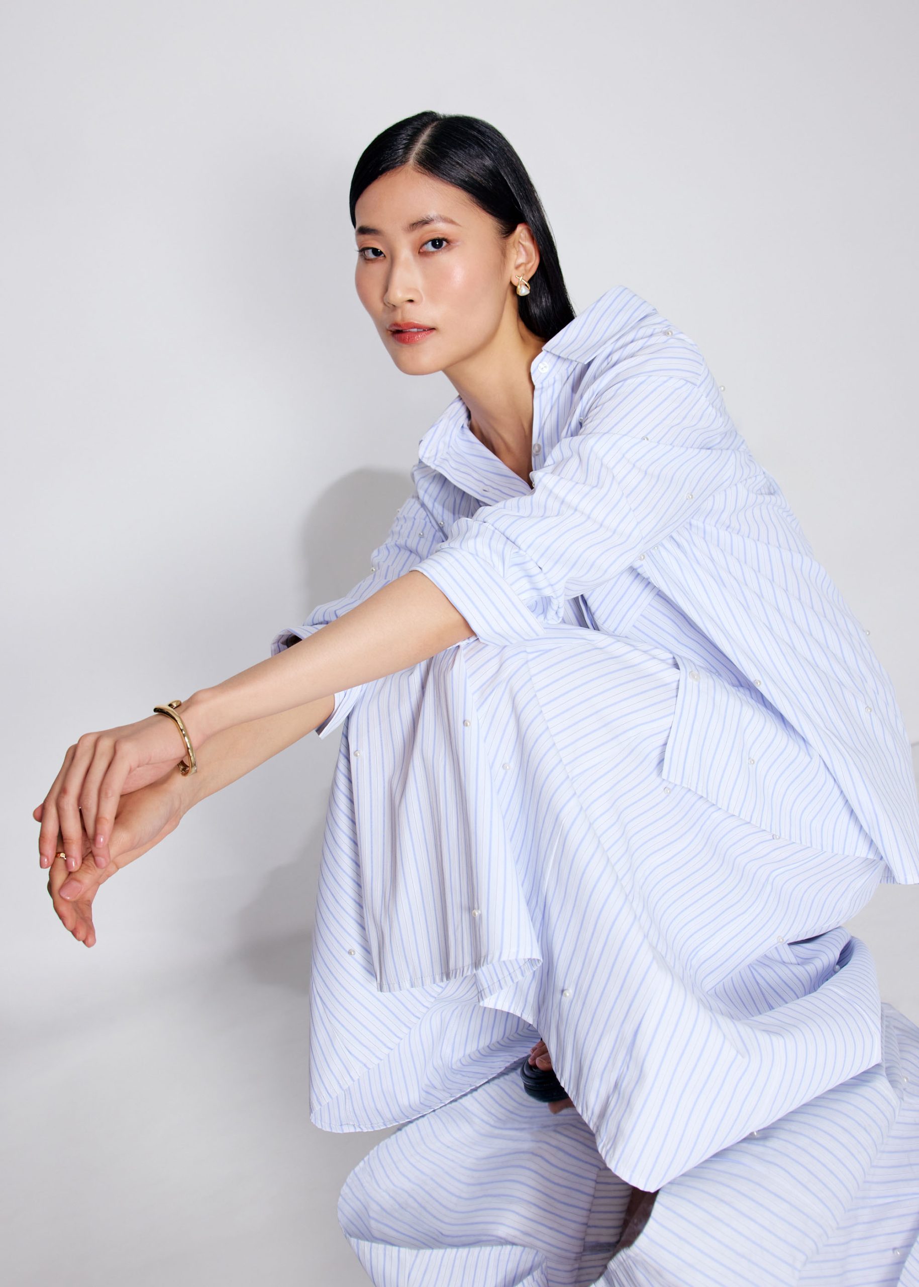 RuchedReady® Oversized Pearl Embellished Pinstripe Button Down Shirt - Image 2