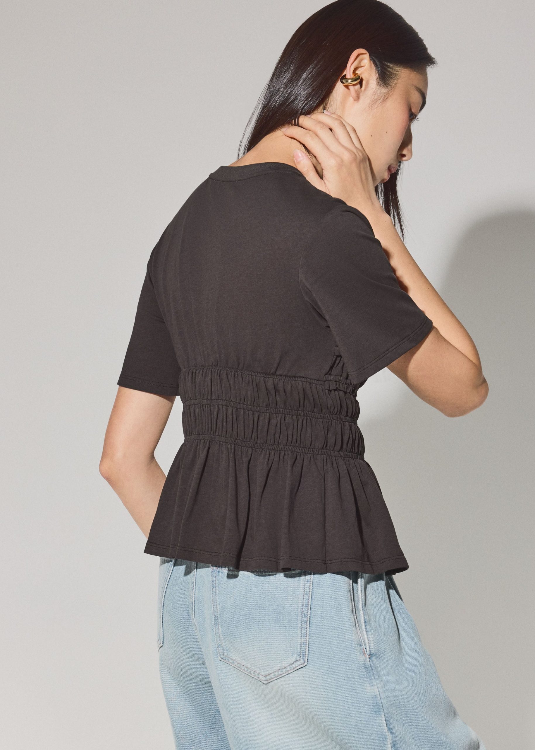 Jersey Ruched Bodice Round Neck Peplum Top - Image 11