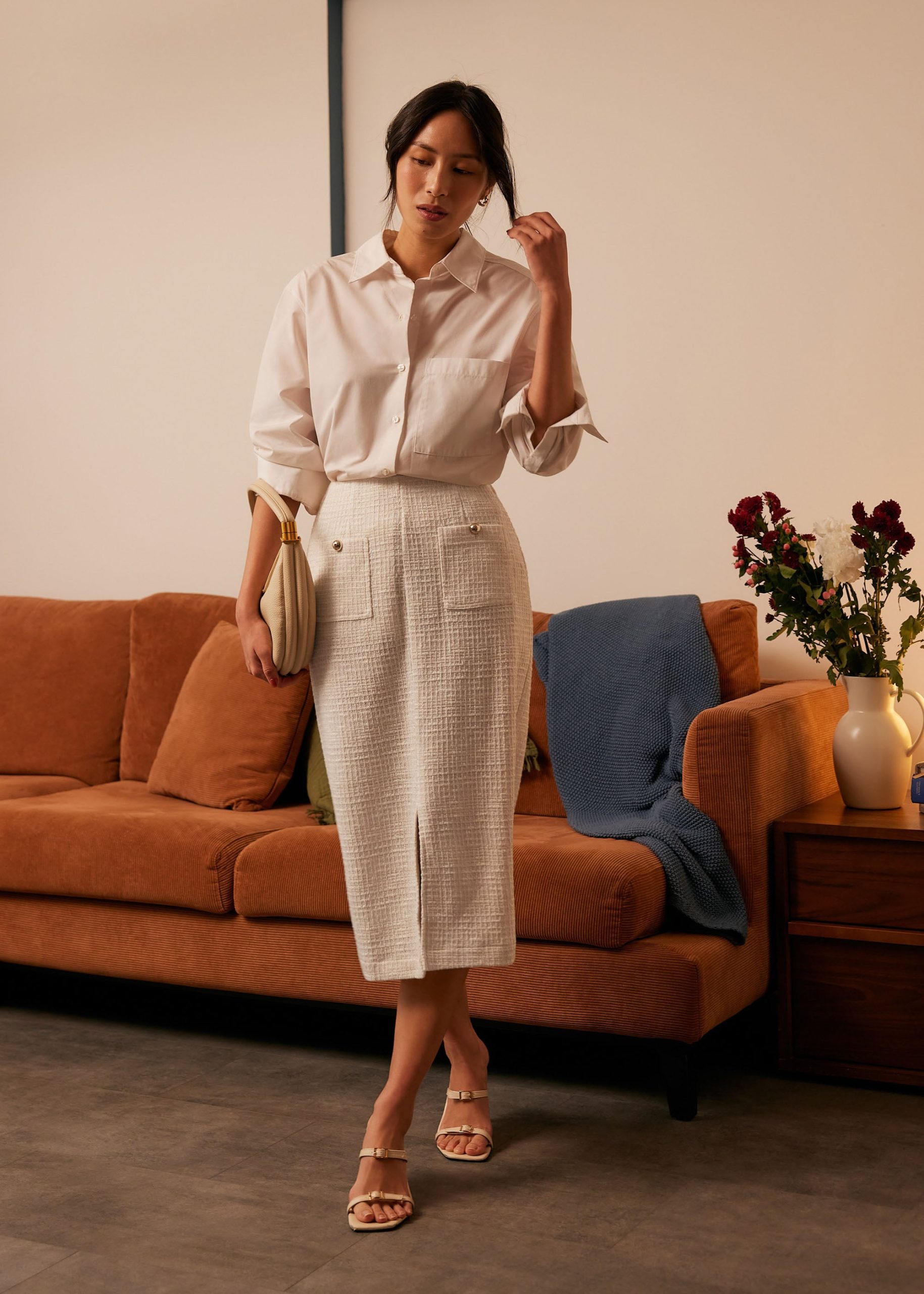 High Waist Tweed Column Midi Skirt - Image 2