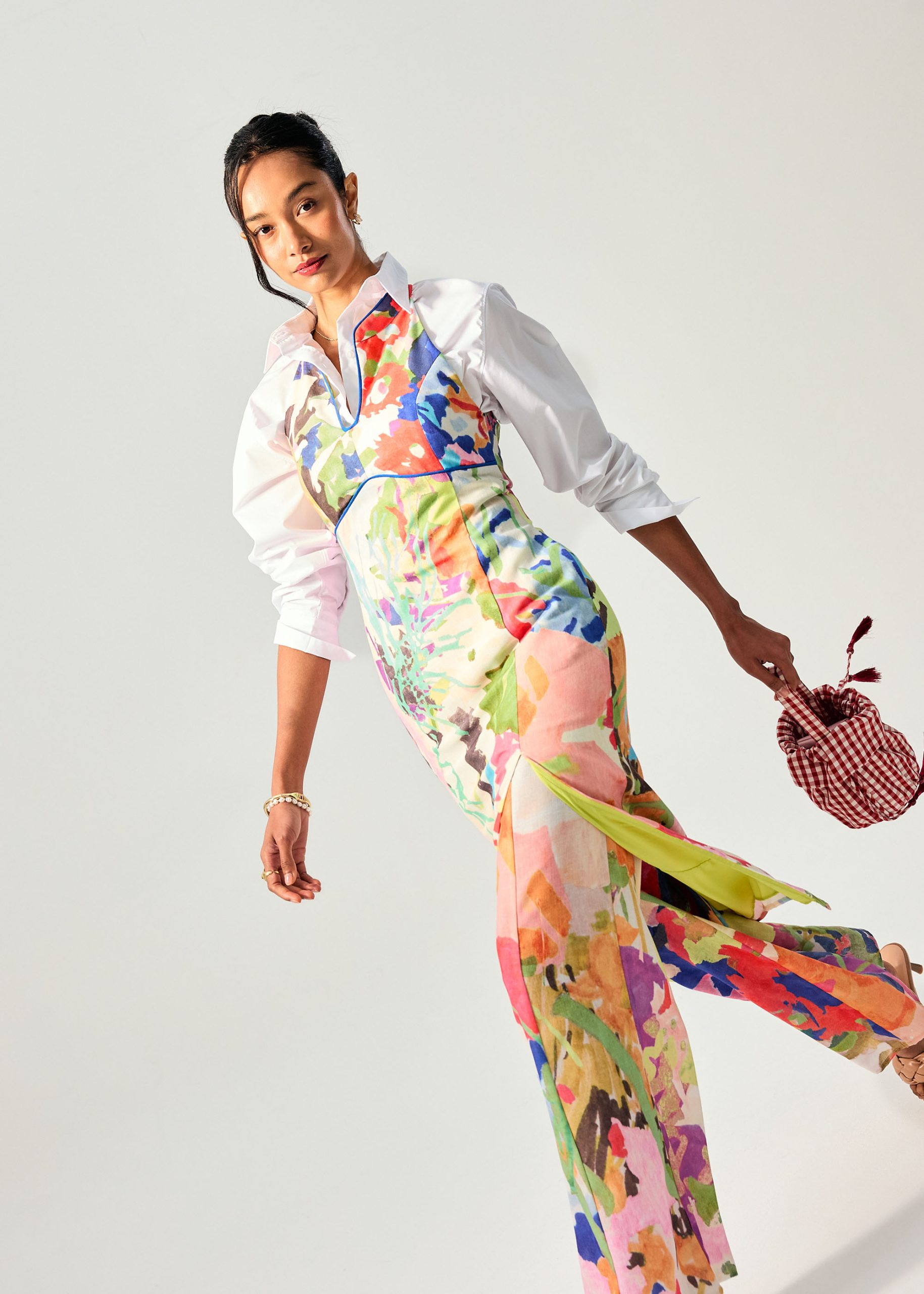 Elastic Panelled Mid Waist Wide Leg Pants in Vivid Blooms - Image 2