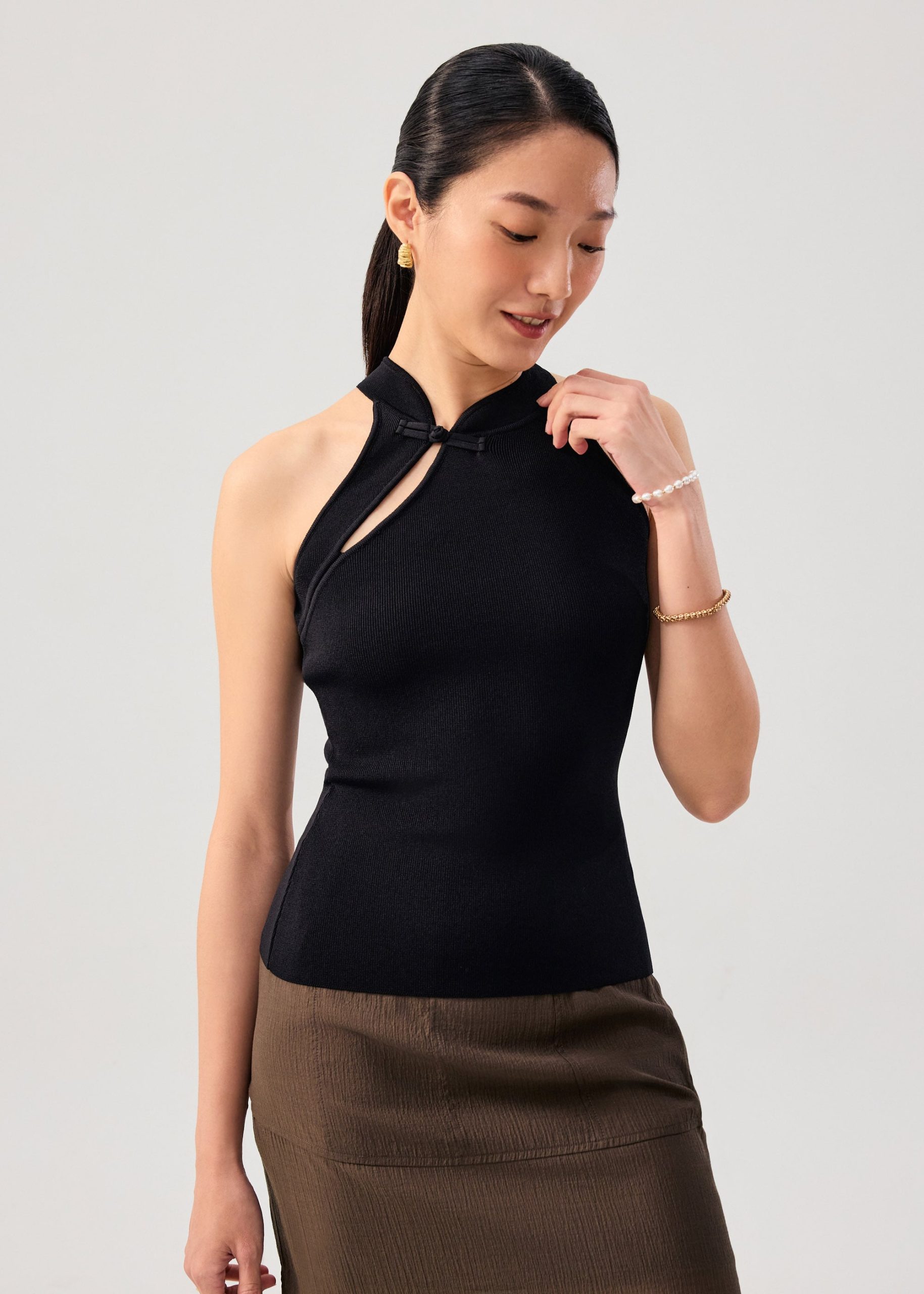 Knit Mandarin Collar Fitted Top
