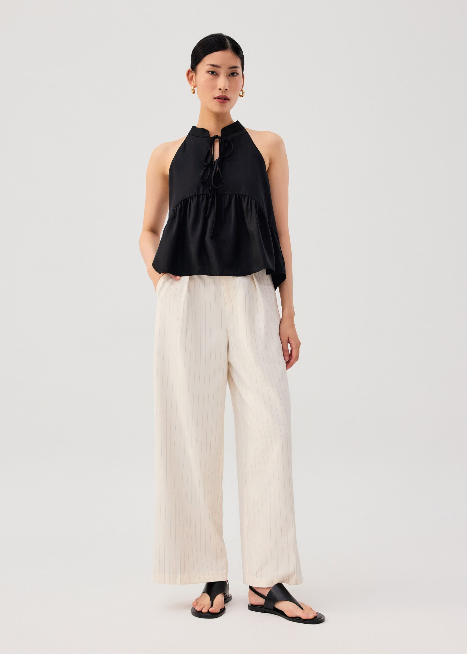 Lyocell Pleated Front Tie Mandarin Collar Peplum Shell Top - Image 4