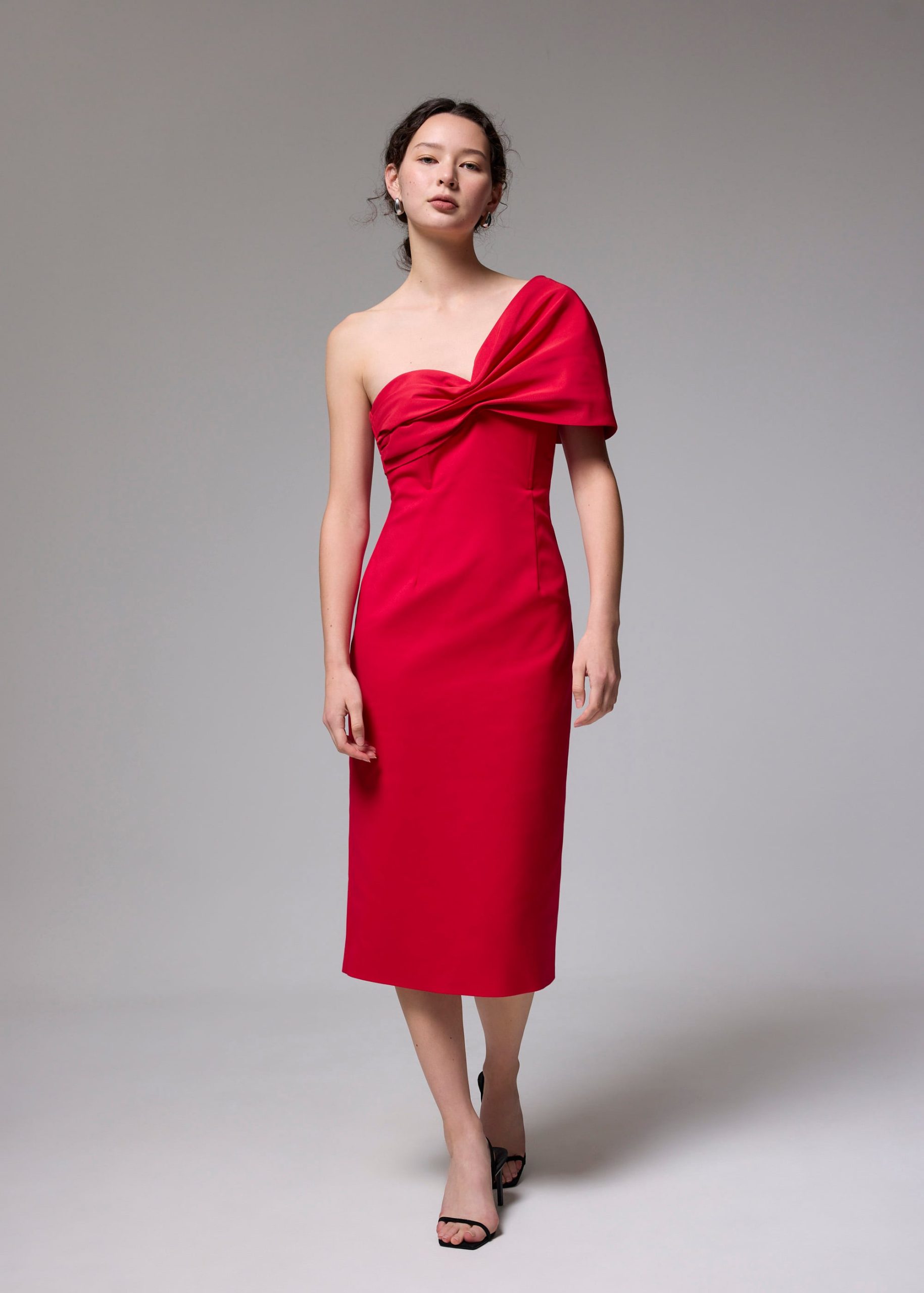 Asymmetric Front Twist Column Midi Dress - Image 7