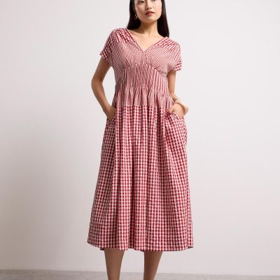Gingham Seersucker V-neck Cap Sleeve Fit & Flare Midaxi Dress