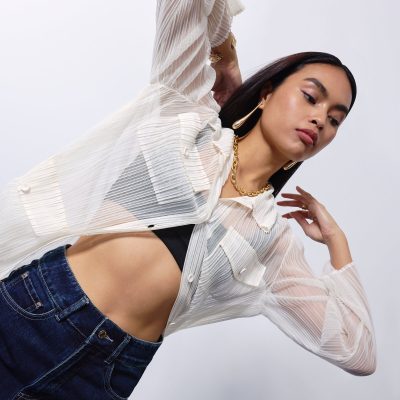 Sheer Plisse Collared Button Down Shirt