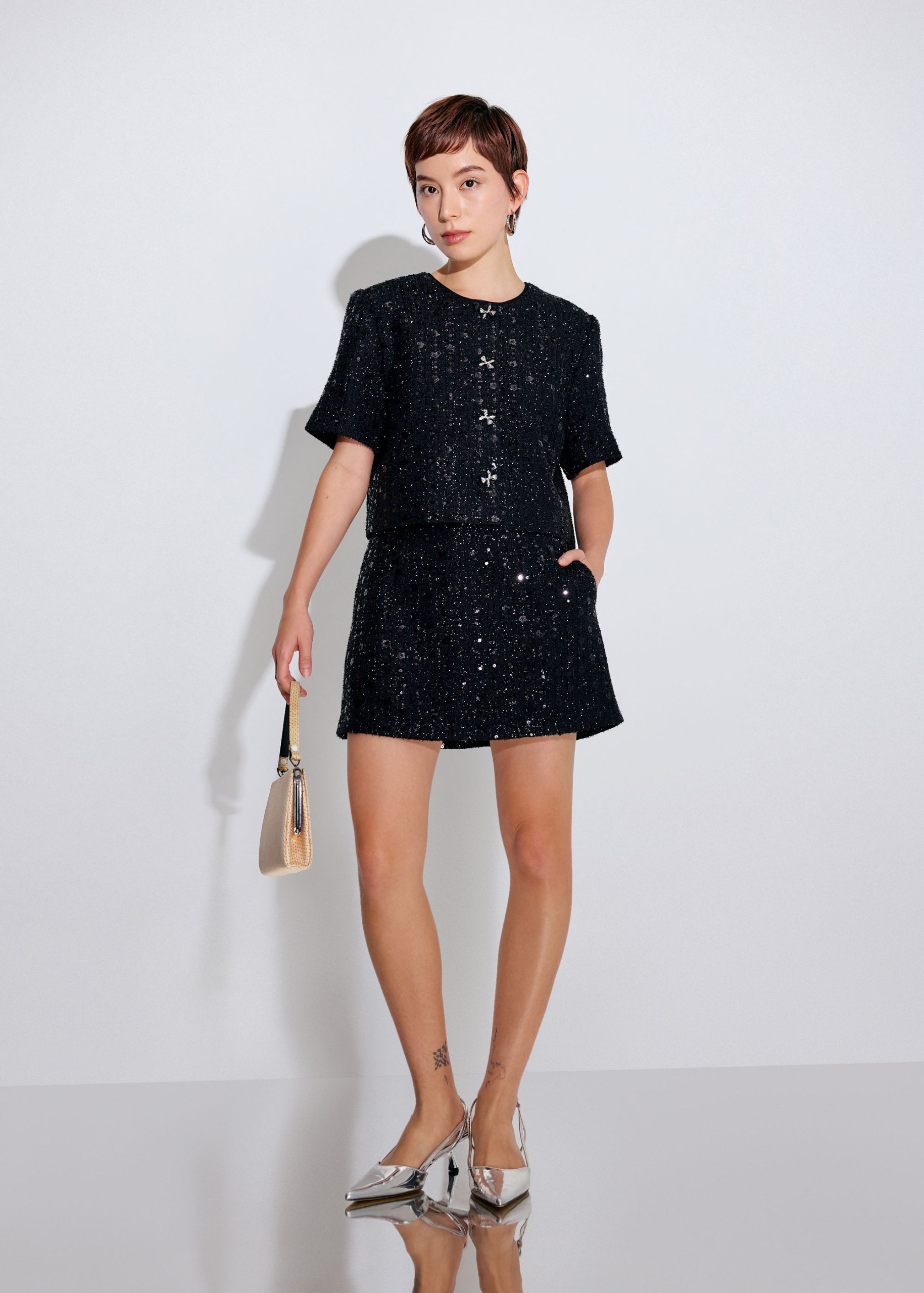 Meiyan Sequin Tweed A-line Mini Skirt - Image 3