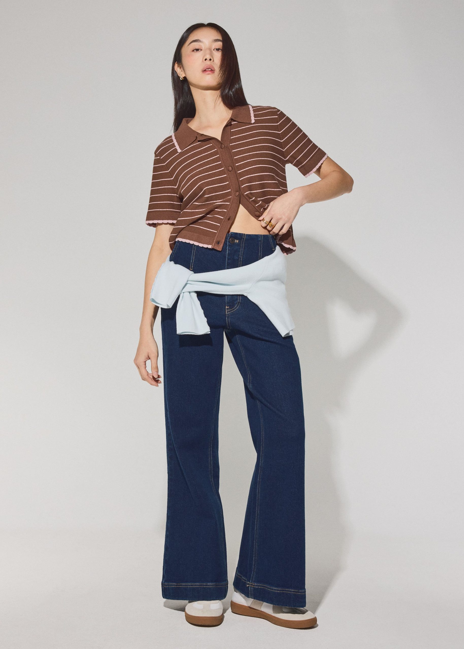 Relaxed Striped Knit Collared Button Down Top - Image 8