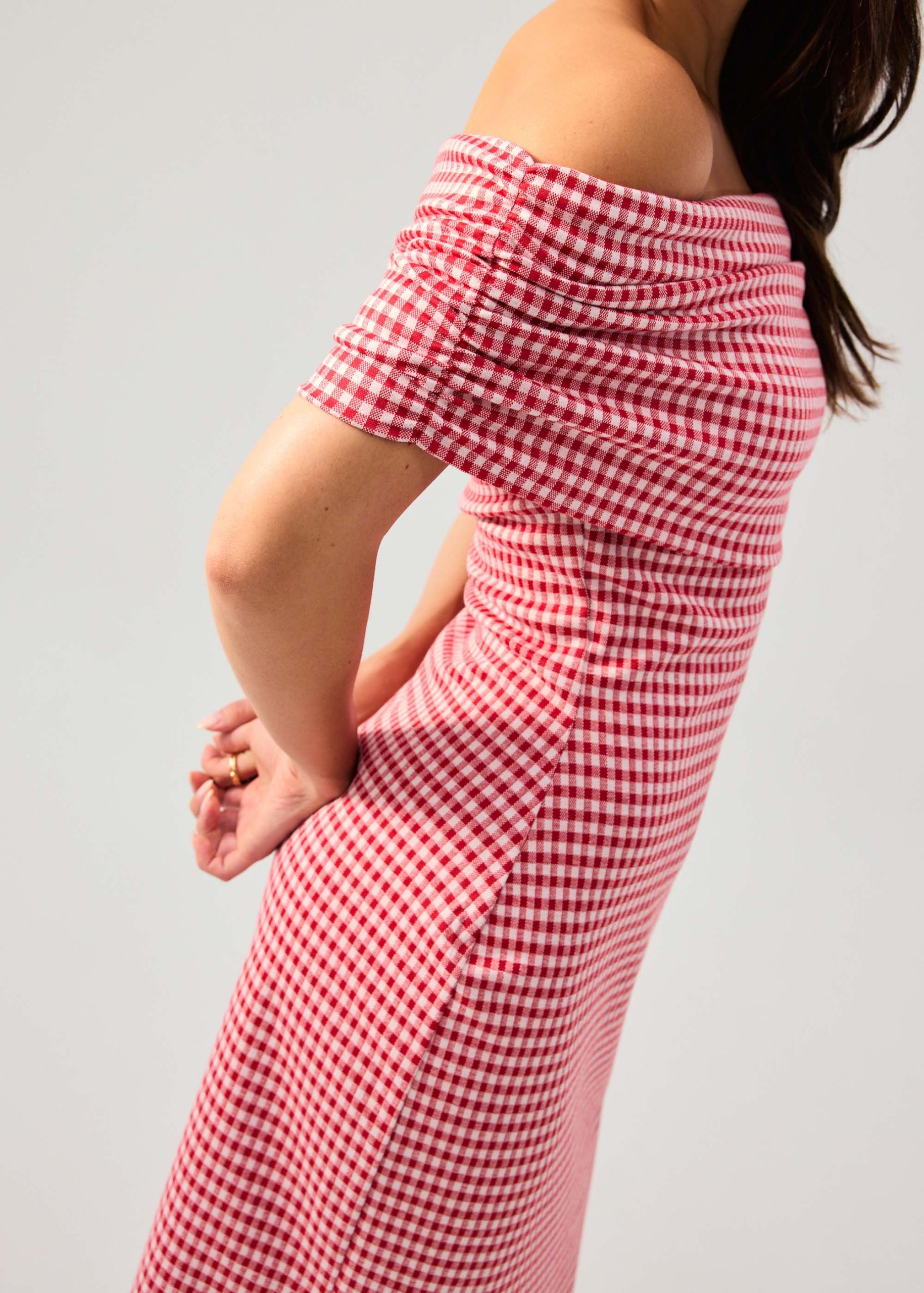 Gingham Jersey Off-Shoulder Column Midaxi Dress - Image 4