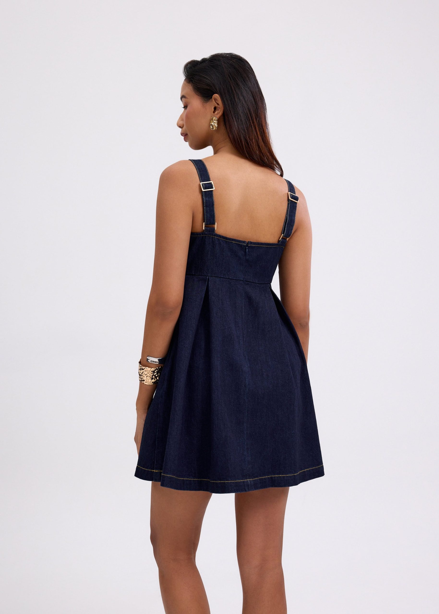 Denim Straight Neck Babydoll Mini Dress - Image 10