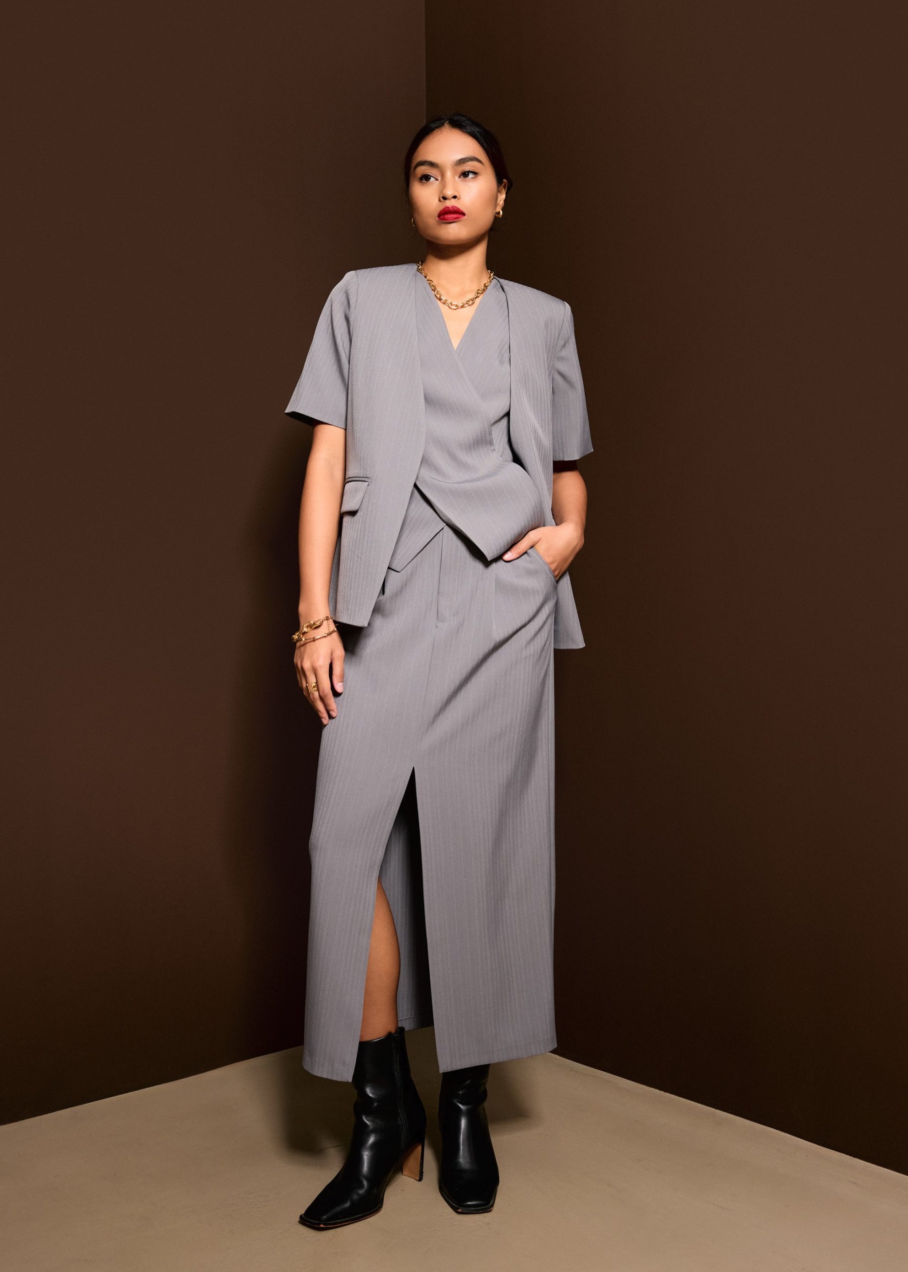 Blake Tailored Pinstripe Front Slit Column Maxi Skirt - Image 5