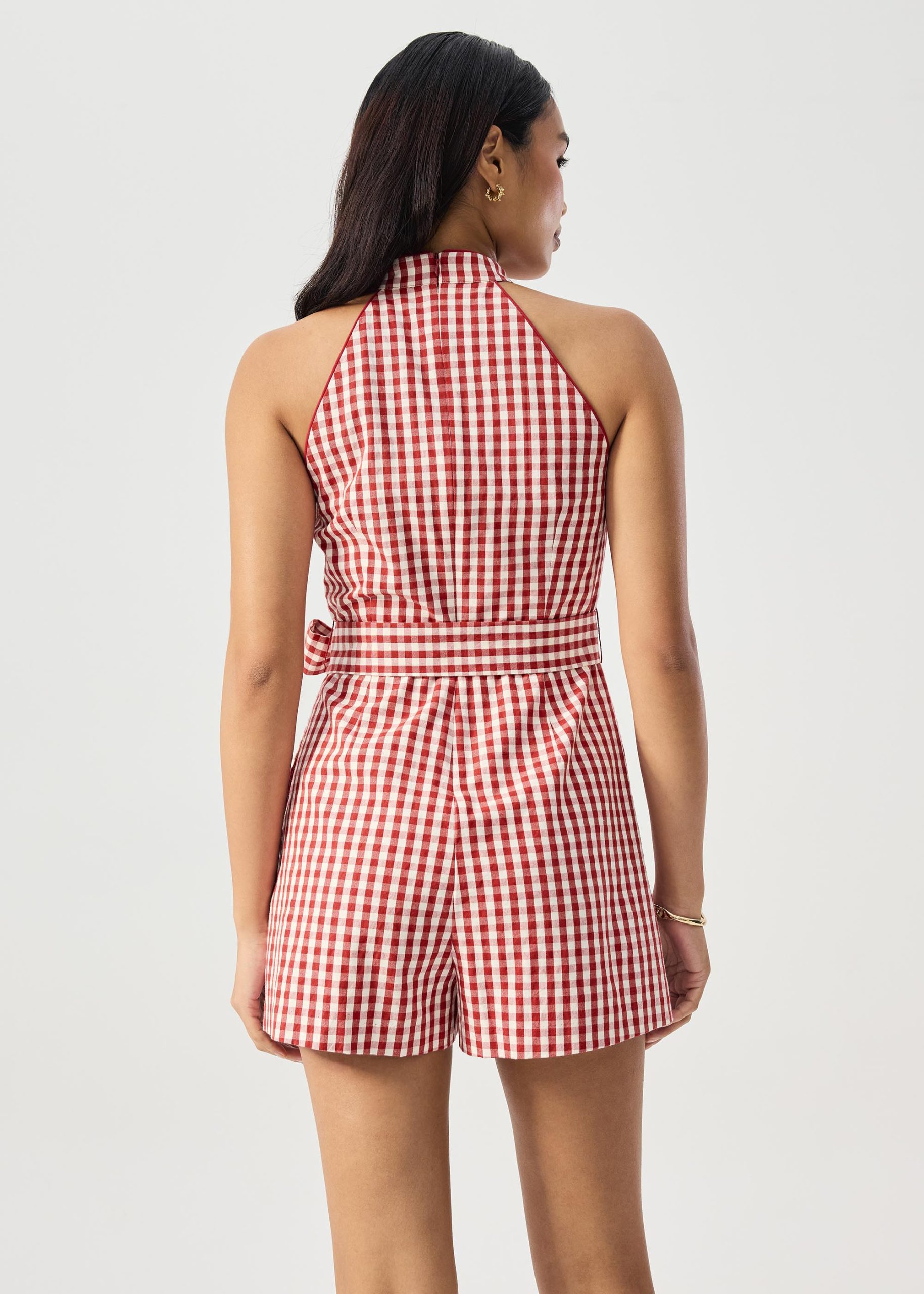 Gingham Cotton Mandarin Collar A-line Romper - Image 4