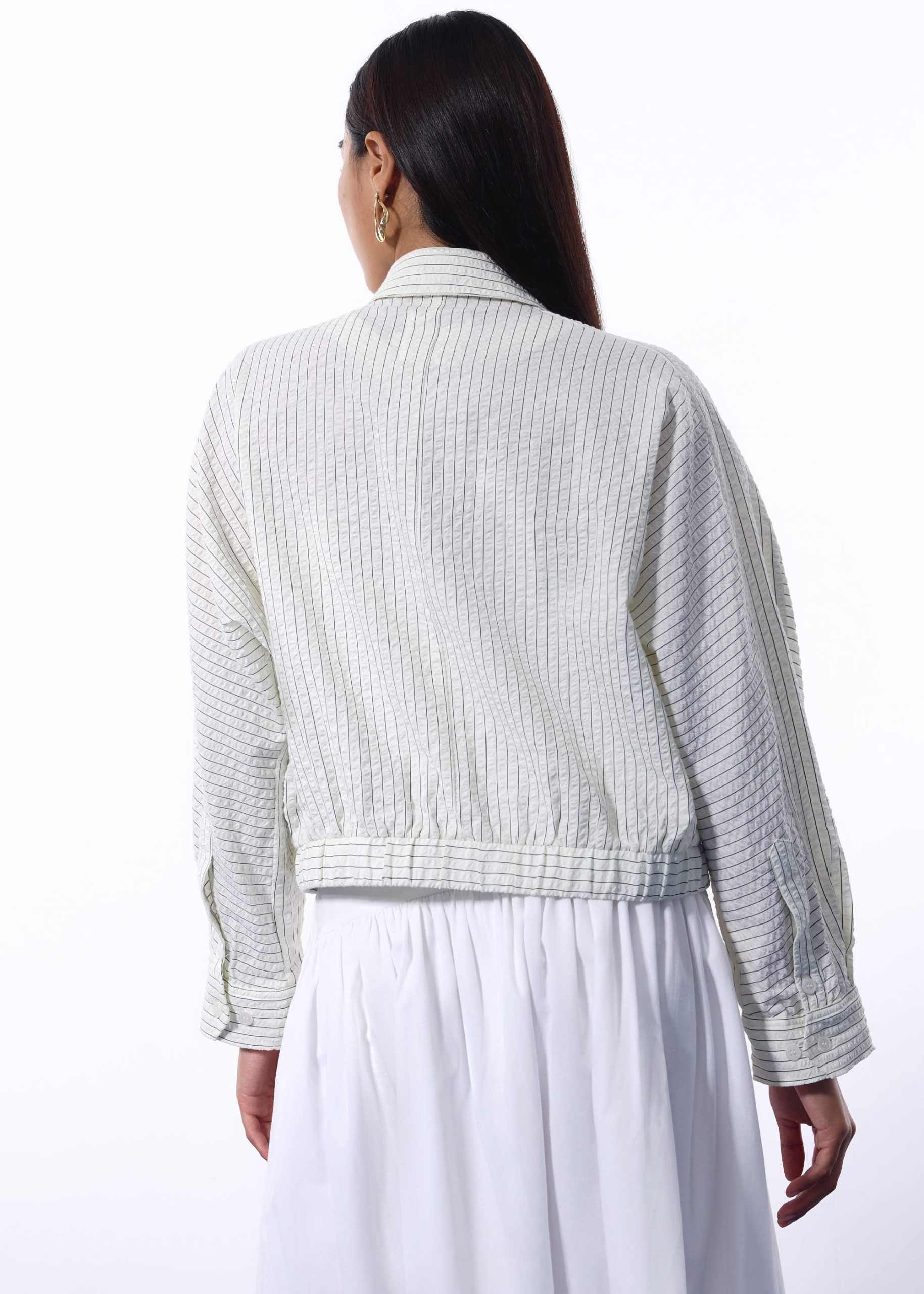 RuchedReady® Relaxed Pinstripe Seersucker Collared Crop Jacket - Image 6