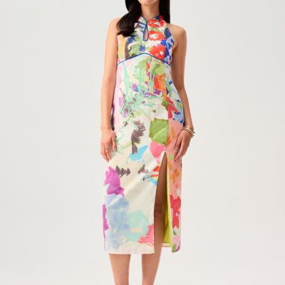 Side Slit Column Midaxi Cheongsam in Vivid Blooms