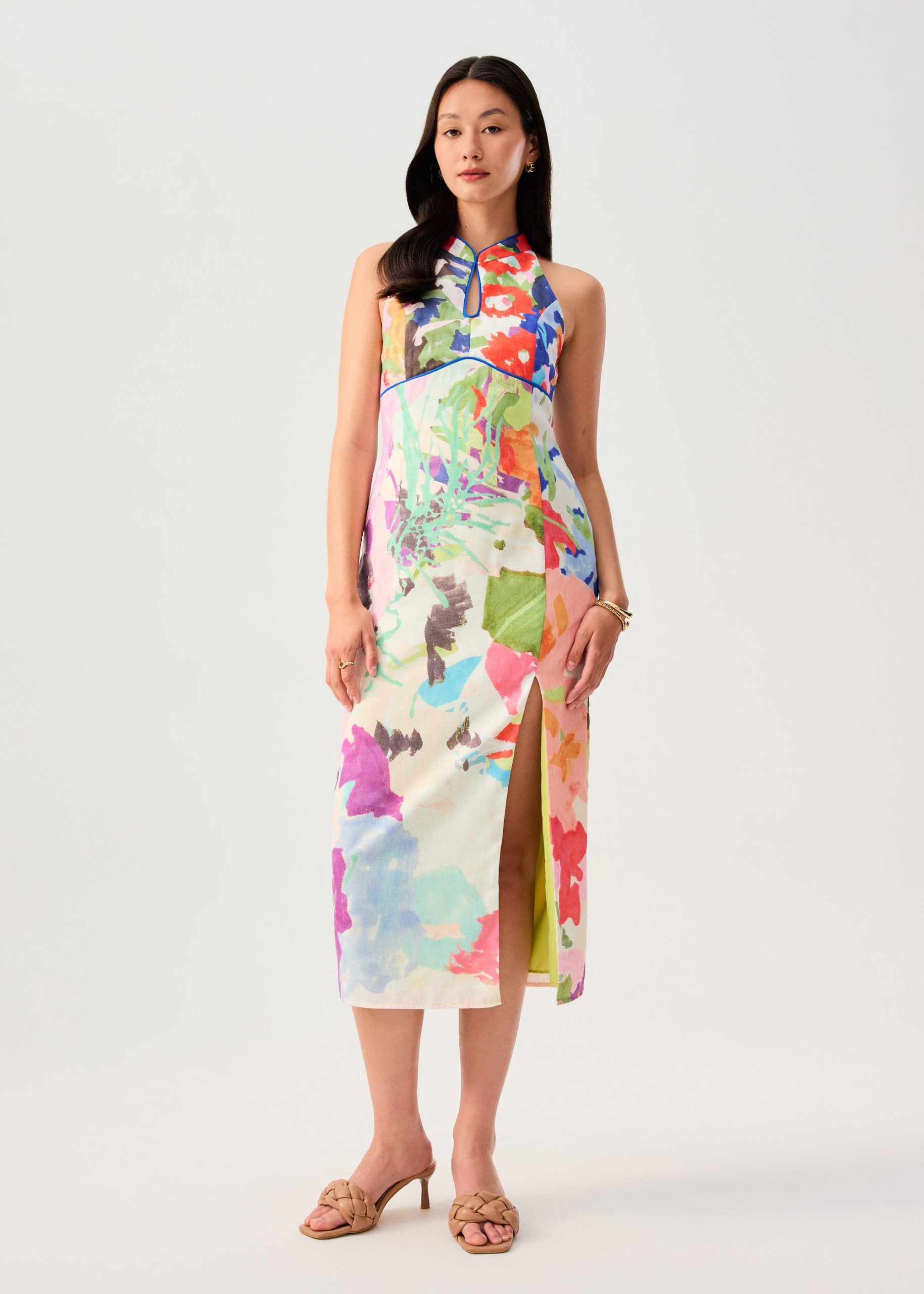 Side Slit Column Midaxi Cheongsam in Vivid Blooms