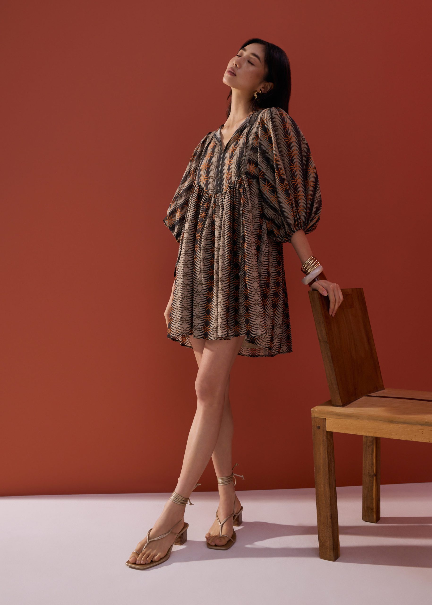 Cotton Puff Sleeve Babydoll Swing Mini Dress in Oasis Flow - Image 8