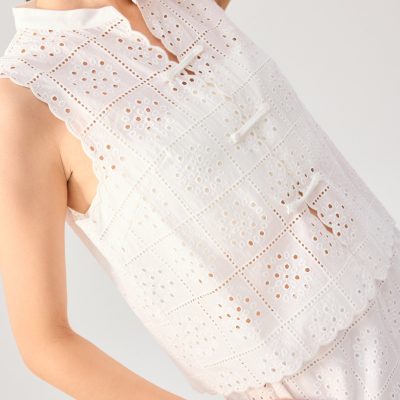 Cotton Broderie Mandarin Collar Top