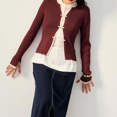 Contrast Piping Ribbed Knit Frog Button Cardigan