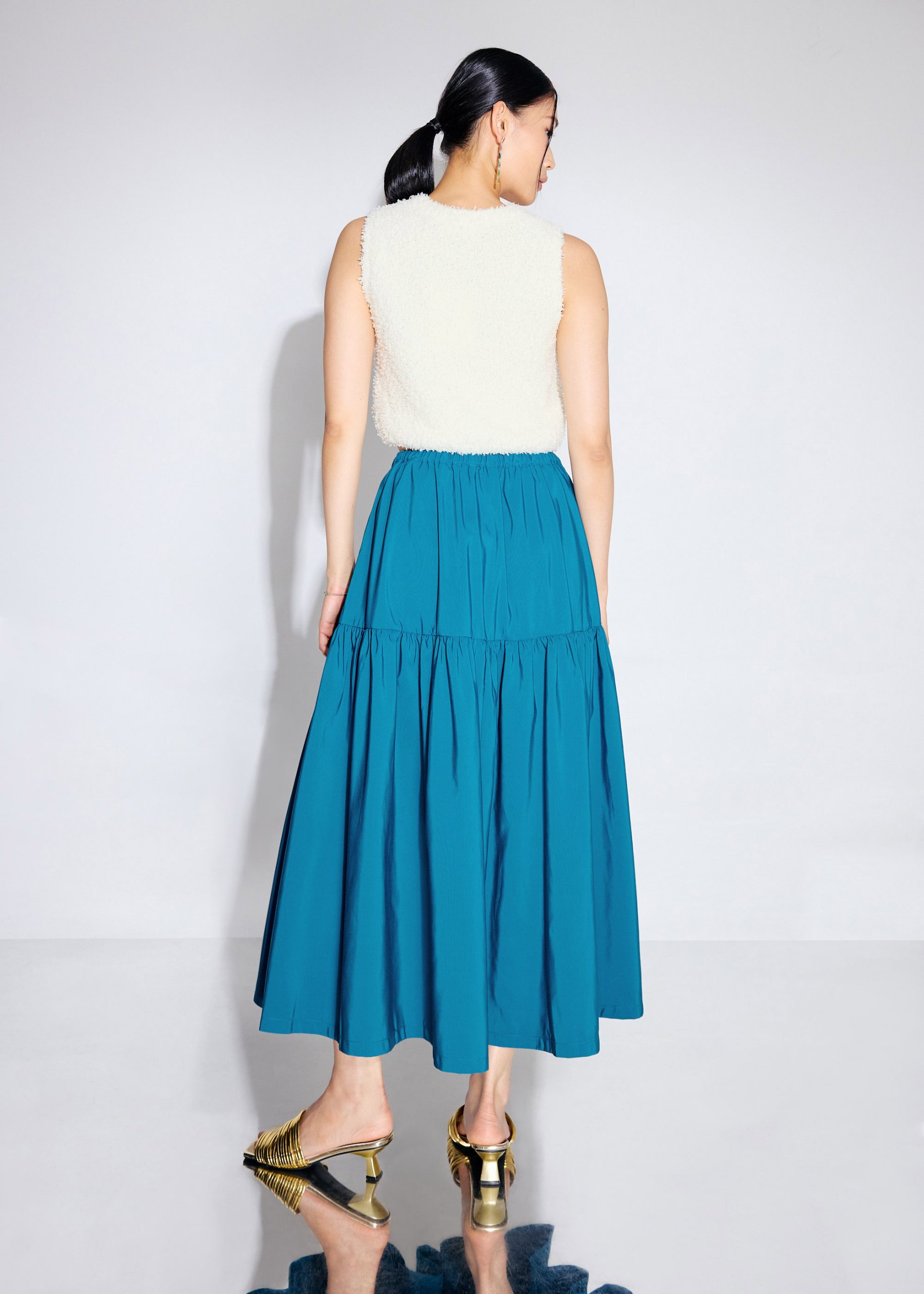Elastic Tiered High Waist Flare Midaxi Skirt - Image 5