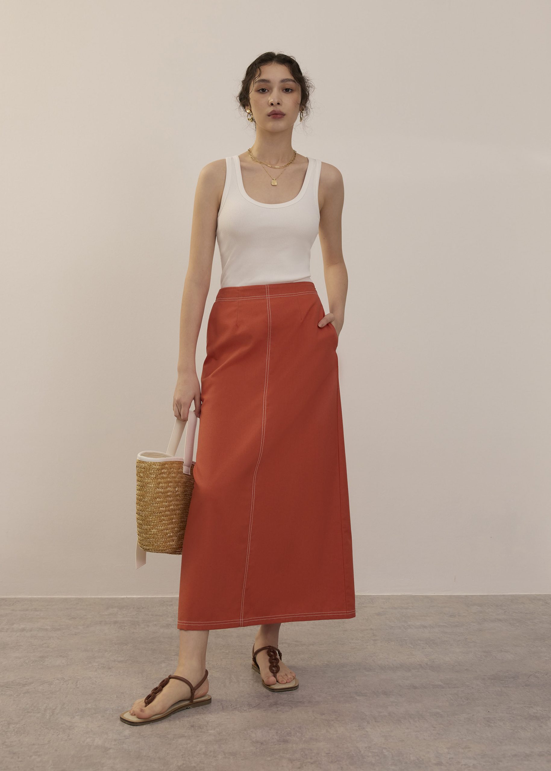 Elastic Contrast Stitch High Waist A-line Maxi Skirt - Image 33
