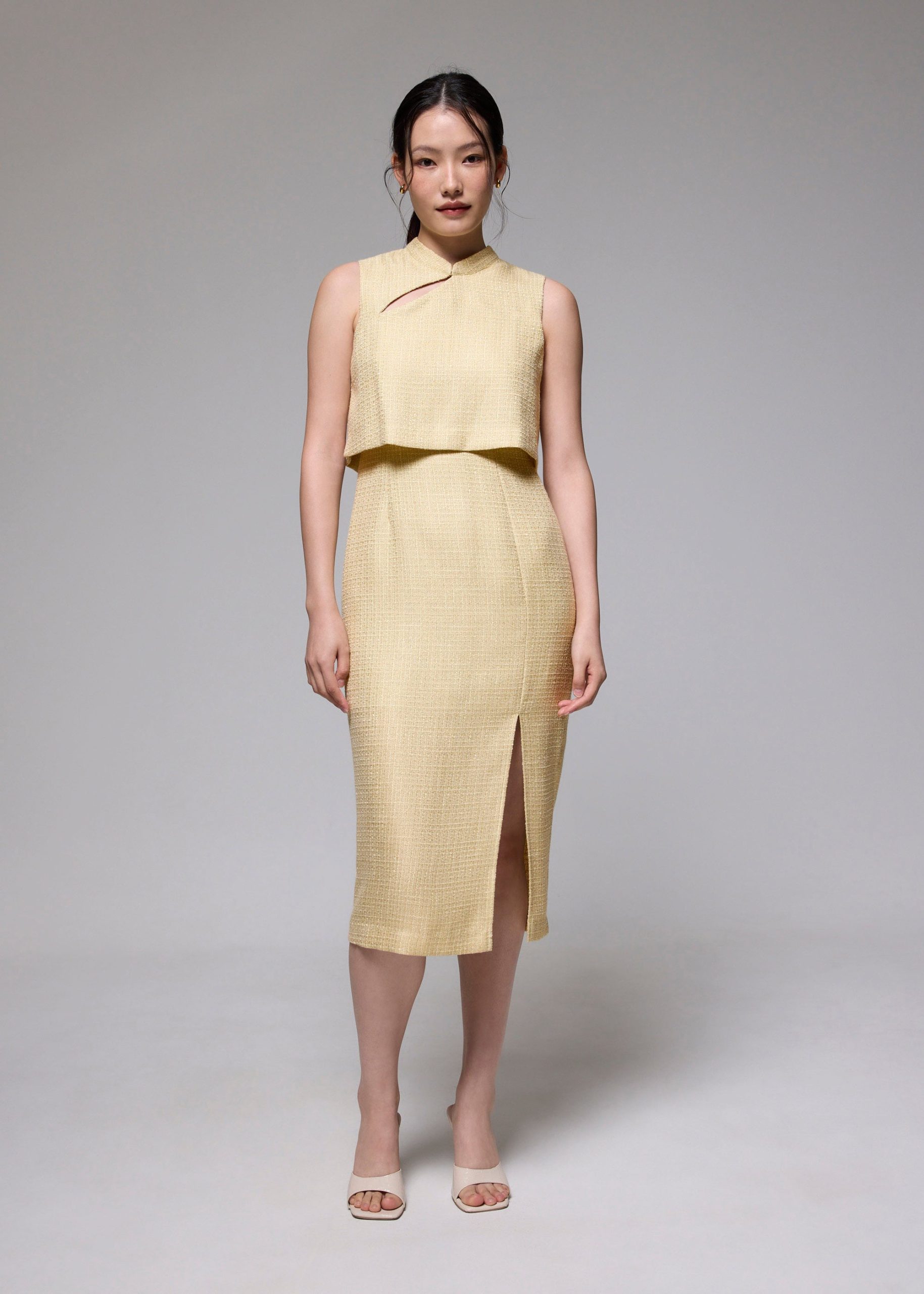 Tweed Mandarin Collar Column Midi Dress - Image 8