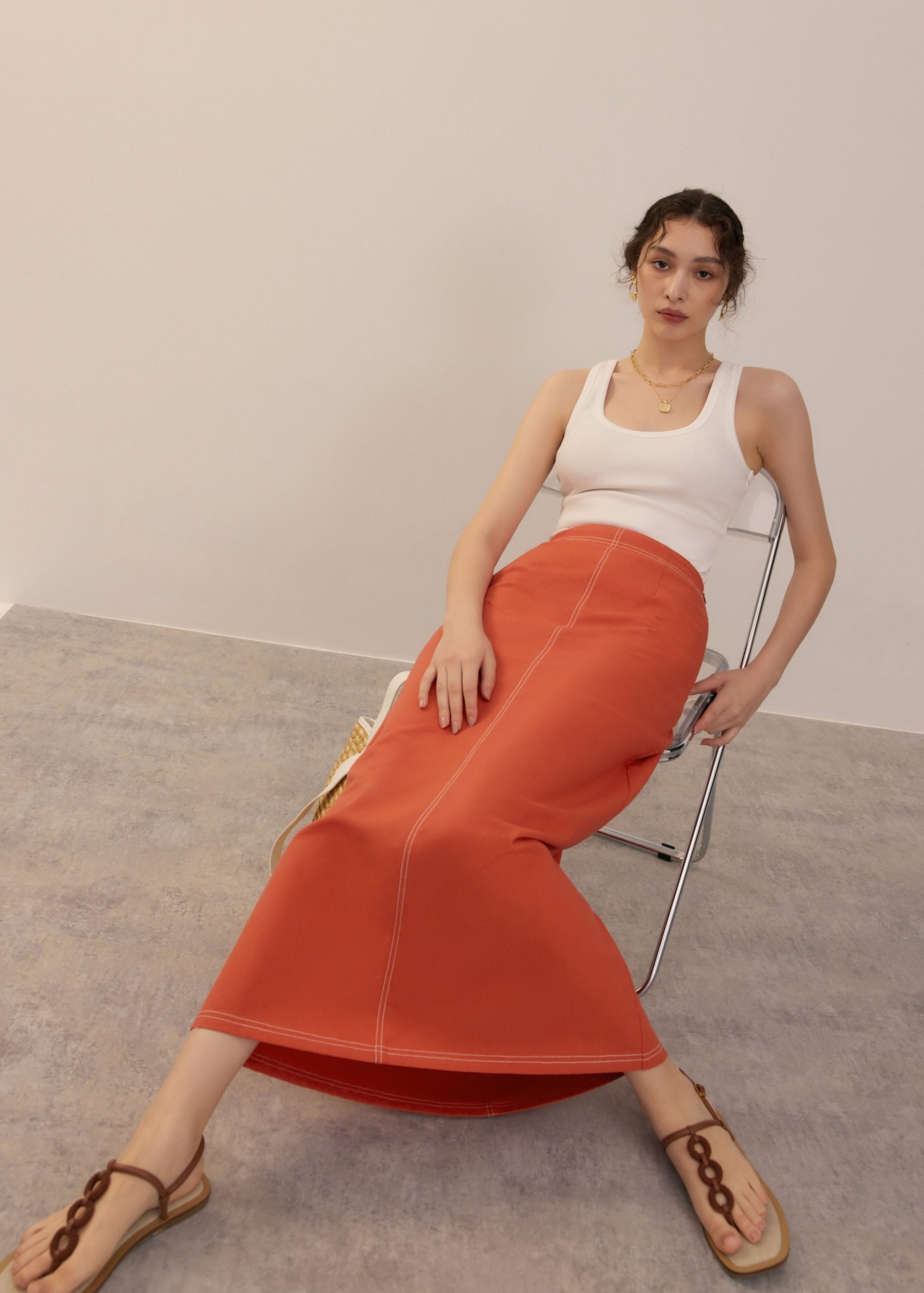 Elastic Contrast Stitch High Waist A-line Maxi Skirt - Image 29