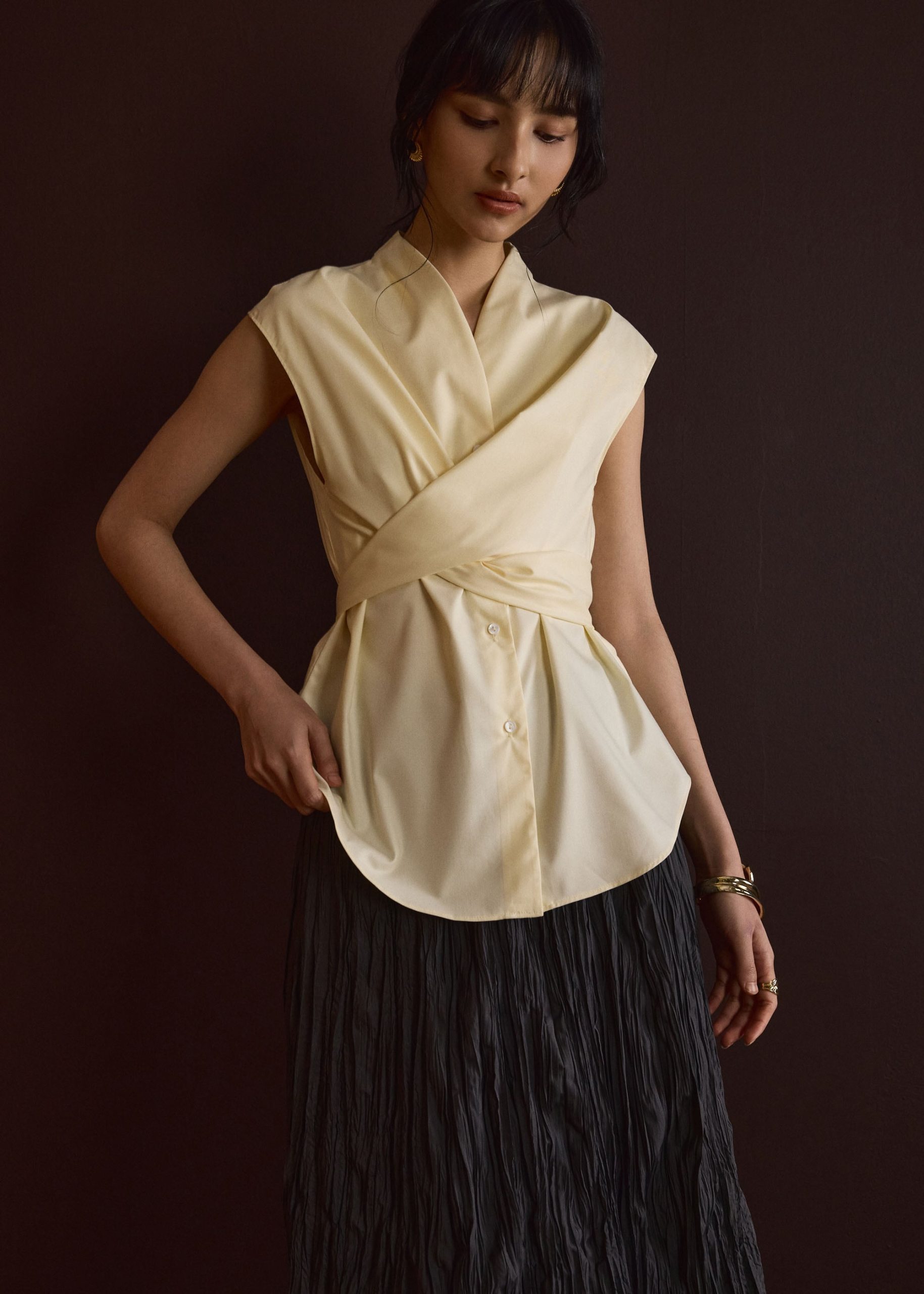 Ziyi Poplin Front Wrap Mandarin Collar Shirt